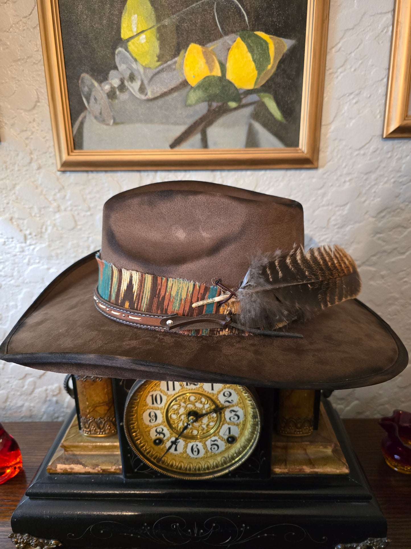 Premium Distressed Faux Suede Cowboy Hat with Woven Hatband & Turkey Feather