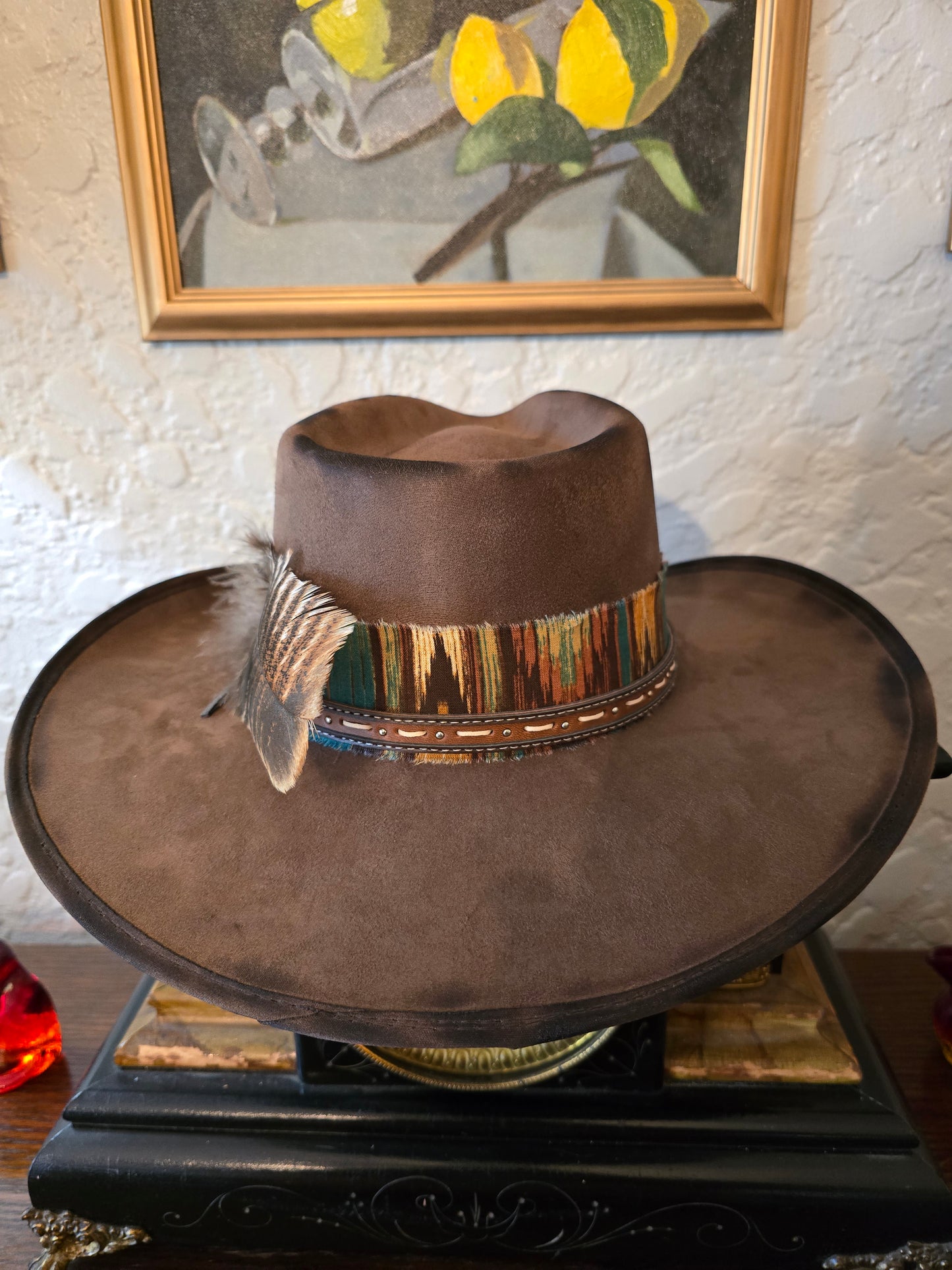 Premium Distressed Faux Suede Cowboy Hat with Woven Hatband & Turkey Feather