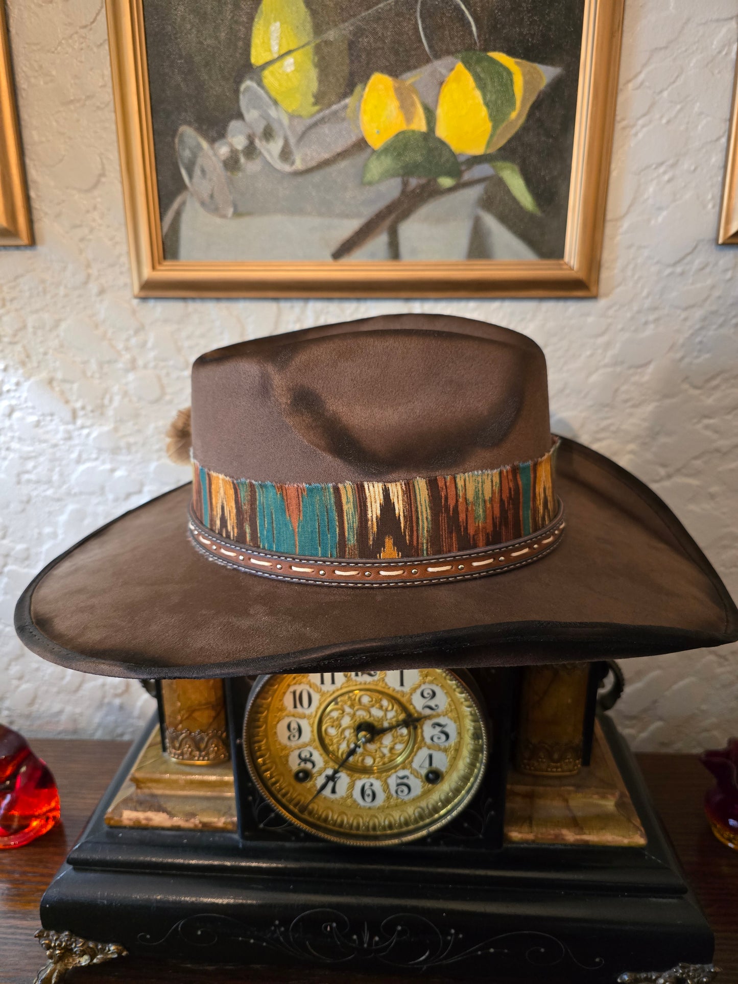 Premium Distressed Faux Suede Cowboy Hat with Woven Hatband & Turkey Feather