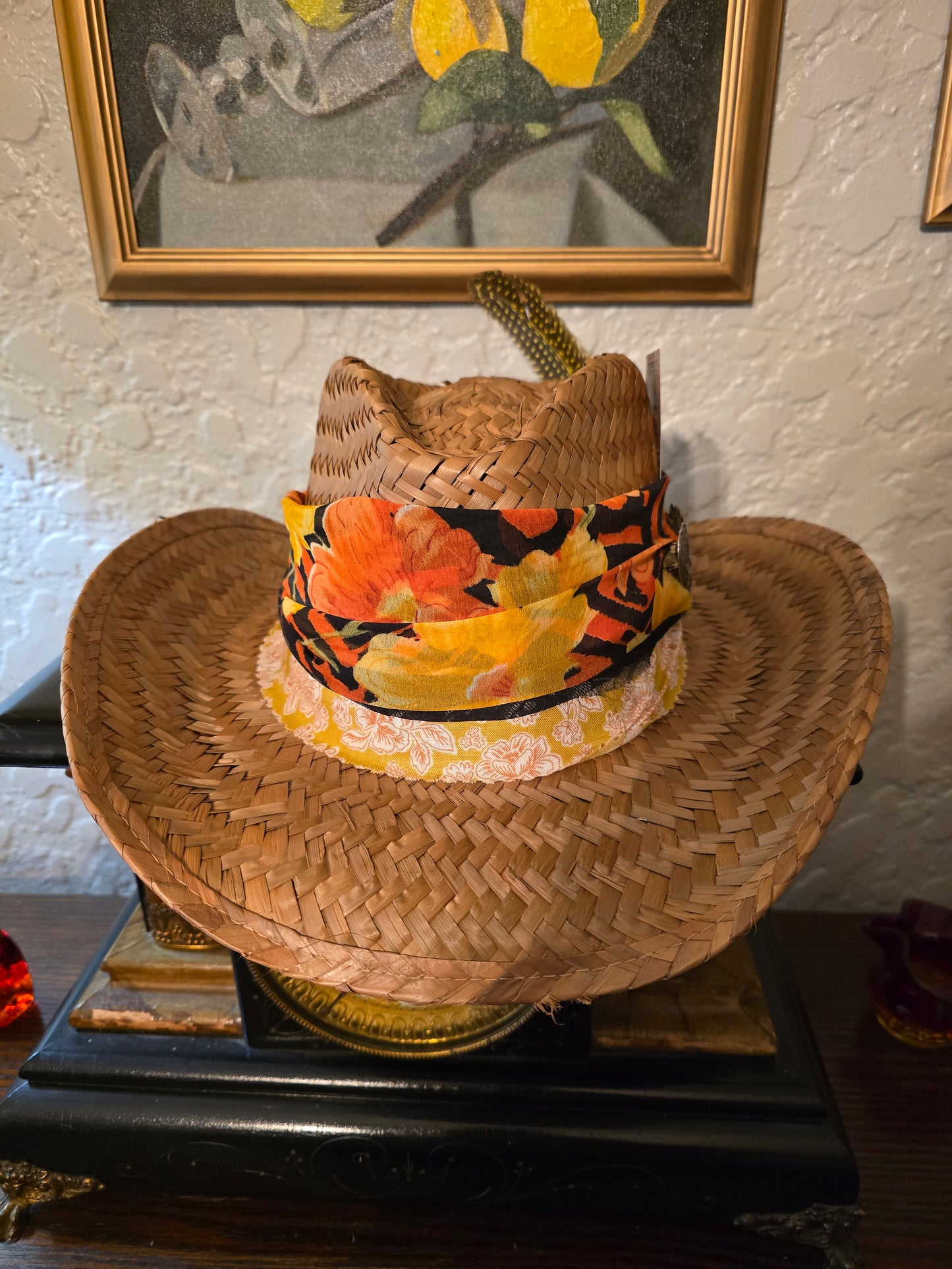 Straw Cowboy Hat with Vintage Layered Fabric Wrap, Heart Brooch & Guinea Feather