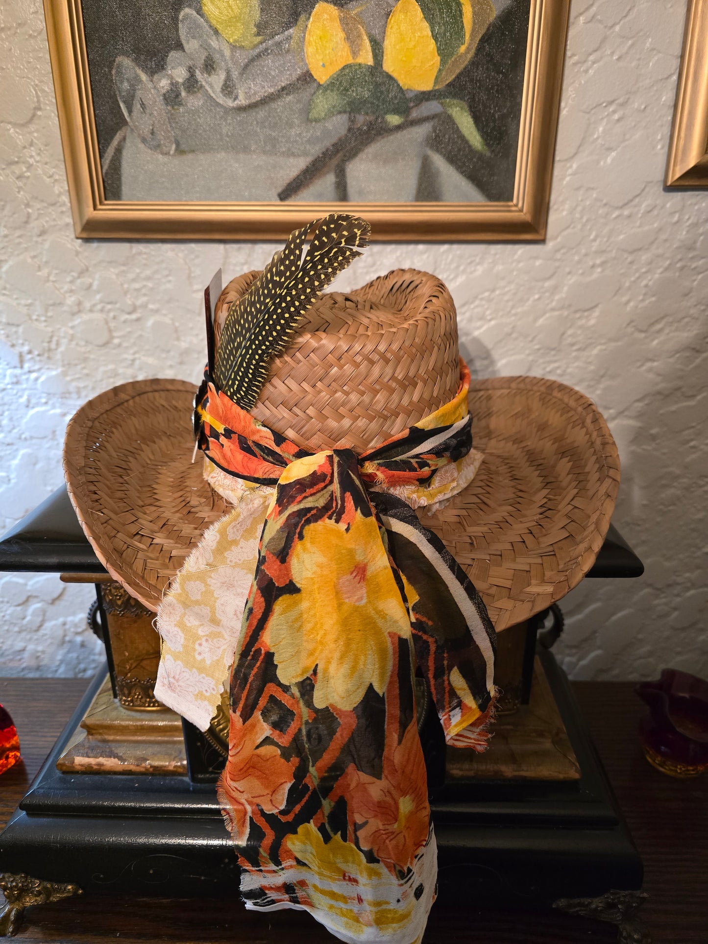 Straw Cowboy Hat with Vintage Layered Fabric Wrap, Heart Brooch & Guinea Feather
