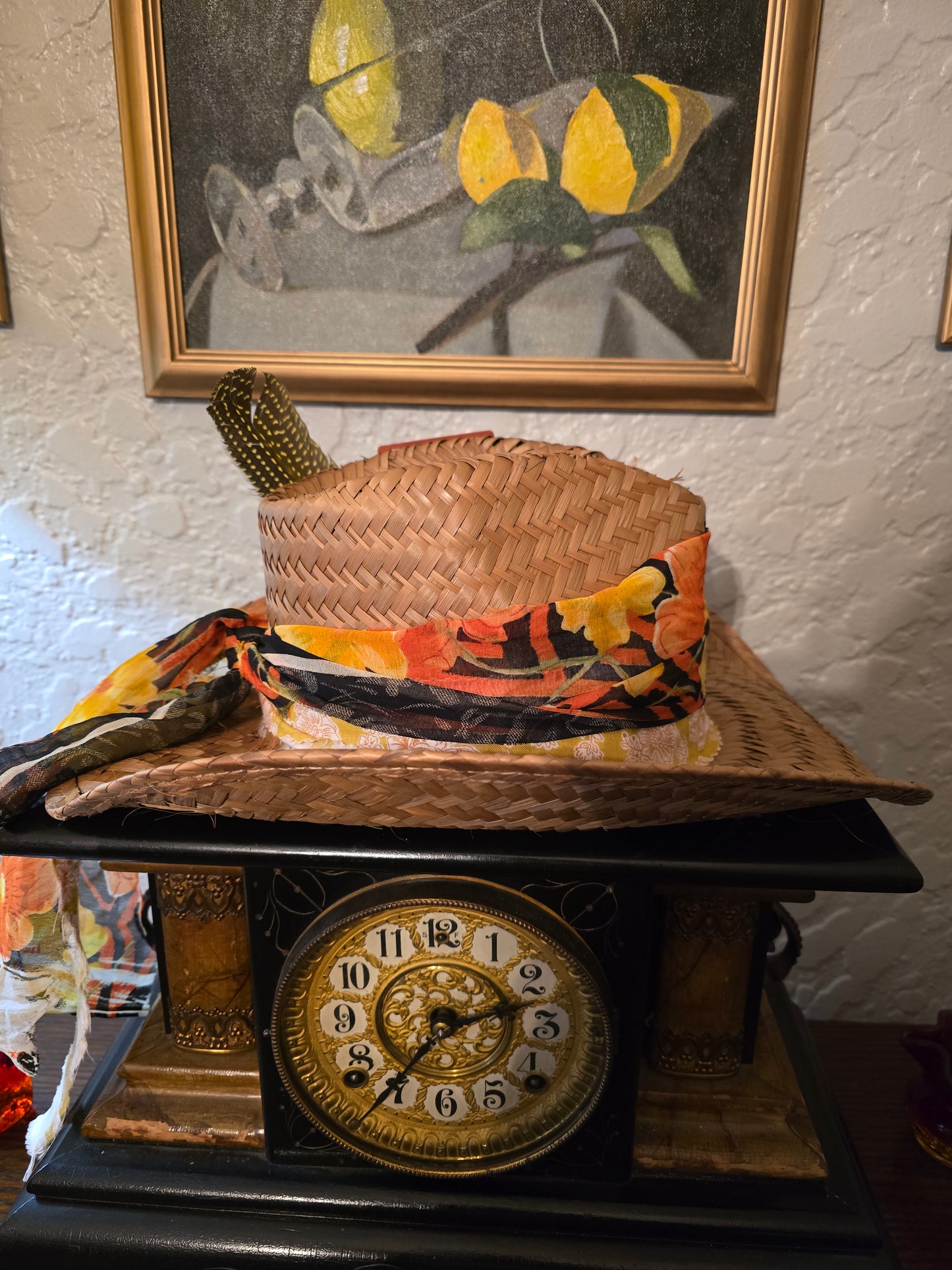 Straw Cowboy Hat with Vintage Layered Fabric Wrap, Heart Brooch & Guinea Feather
