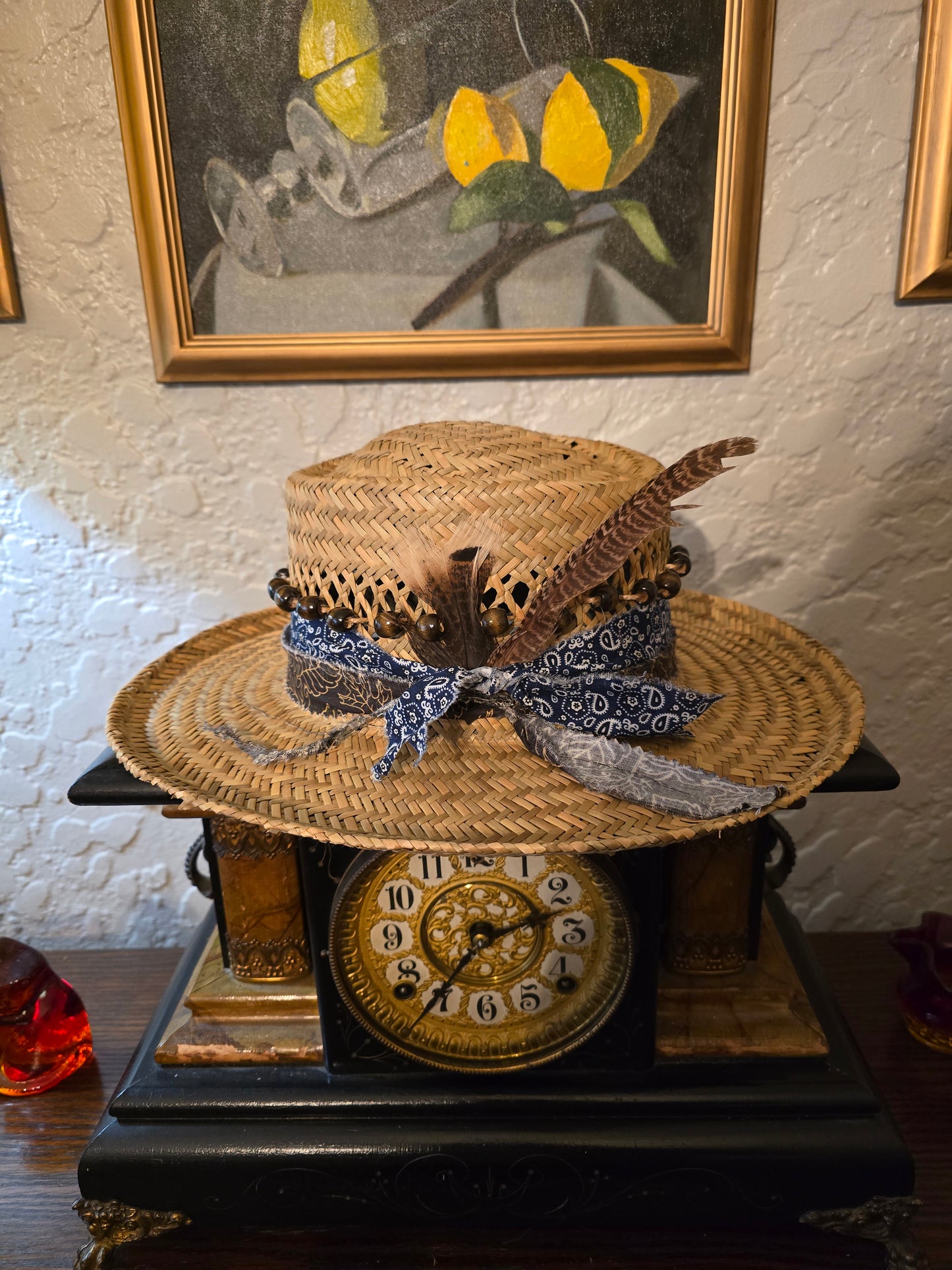 Vented Straw Hat with Navy Paisley Bandana Wrap & Pheasant Feathers
