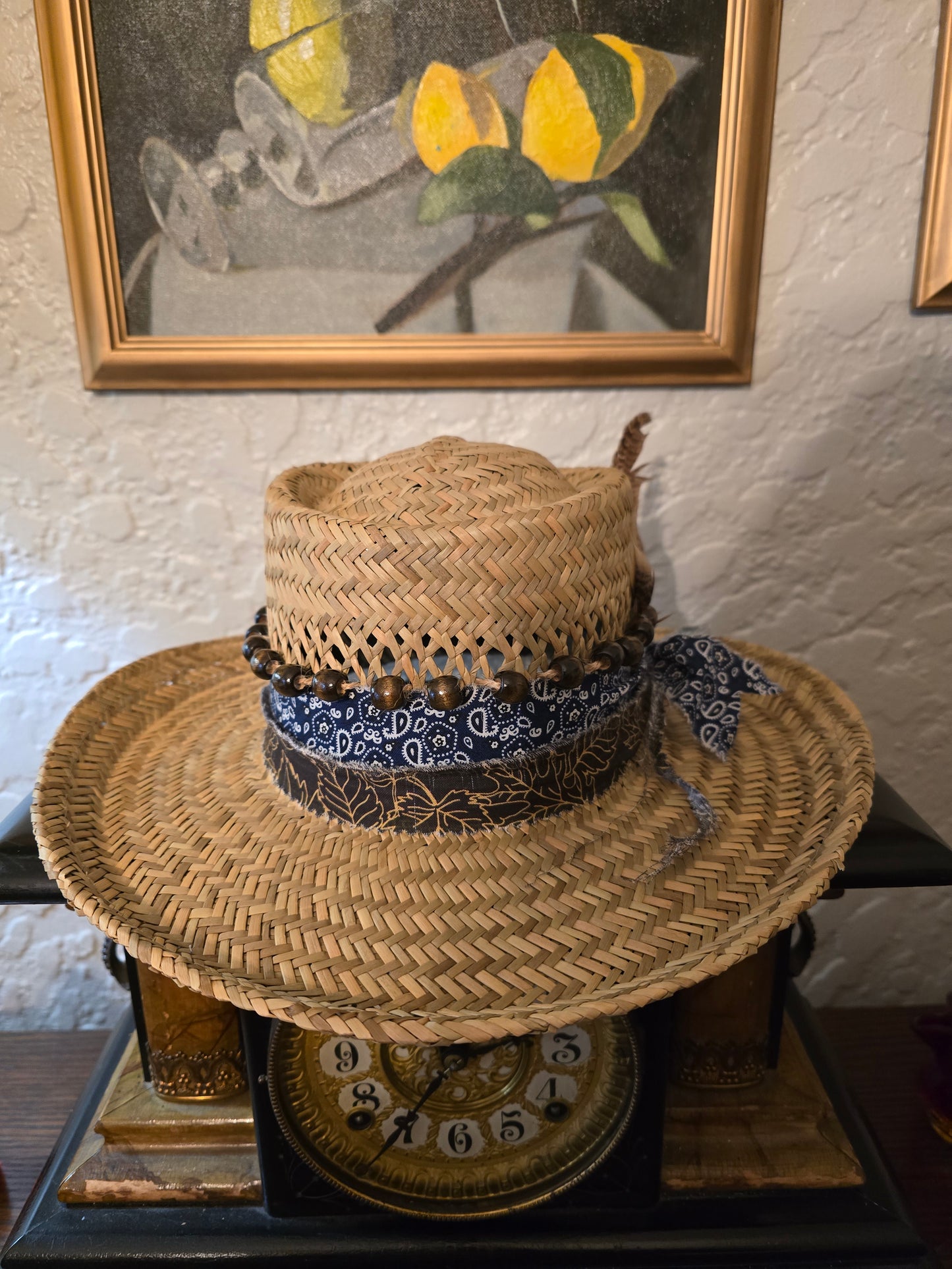 Vented Straw Hat with Navy Paisley Bandana Wrap & Pheasant Feathers