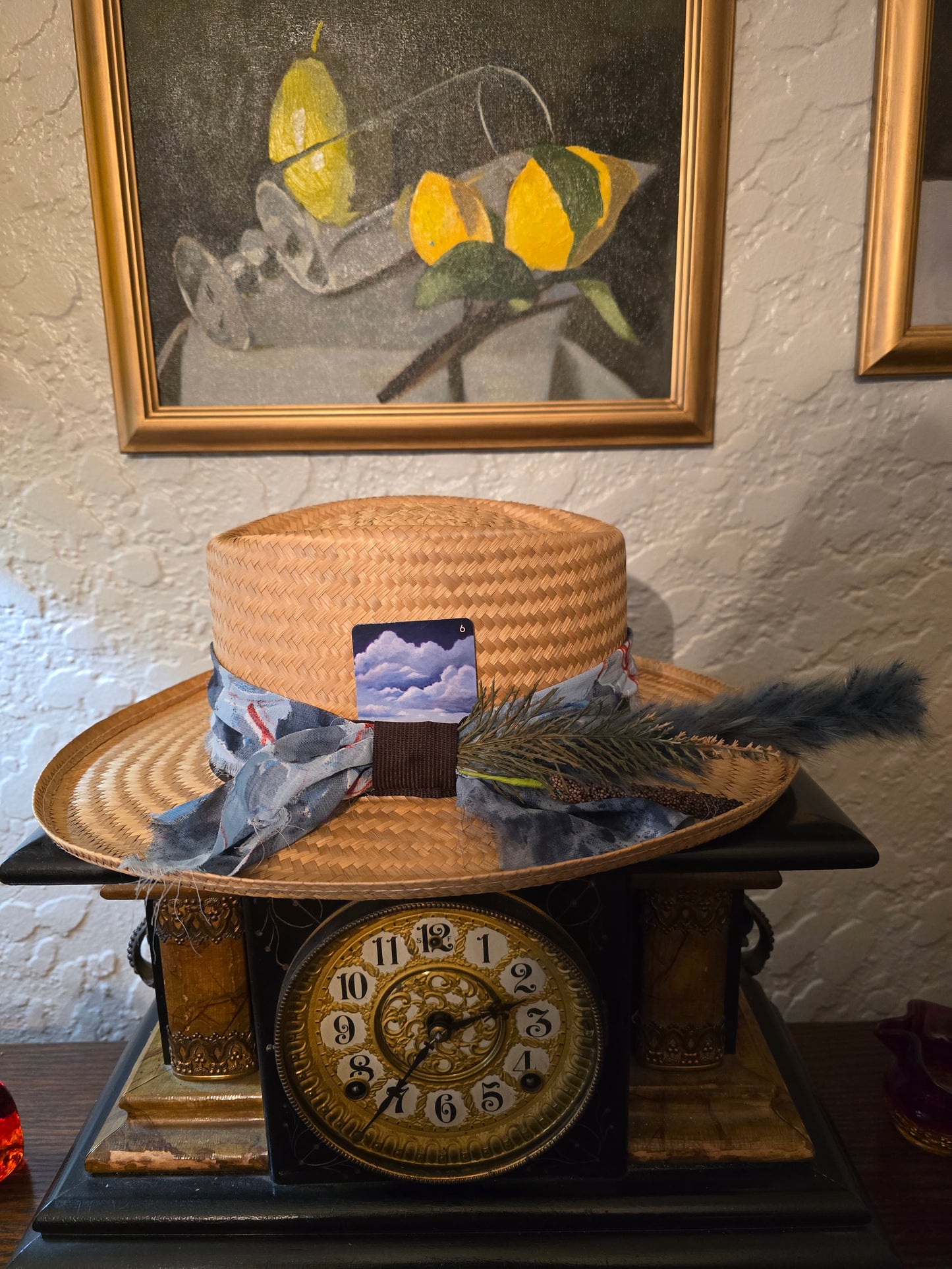 Straw Gambler Hat with Grey Fabric Wrap, Playing Card & Feathers