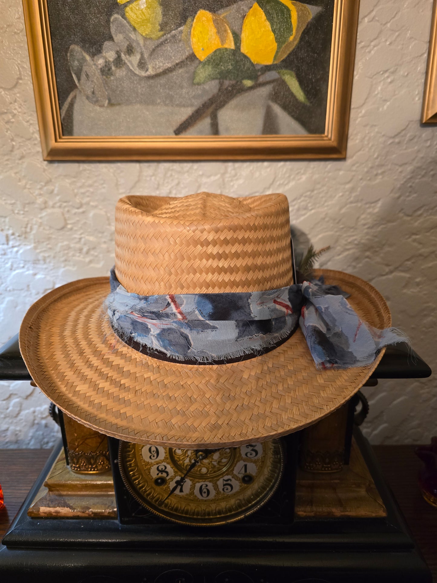 Straw Gambler Hat with Grey Fabric Wrap, Playing Card & Feathers