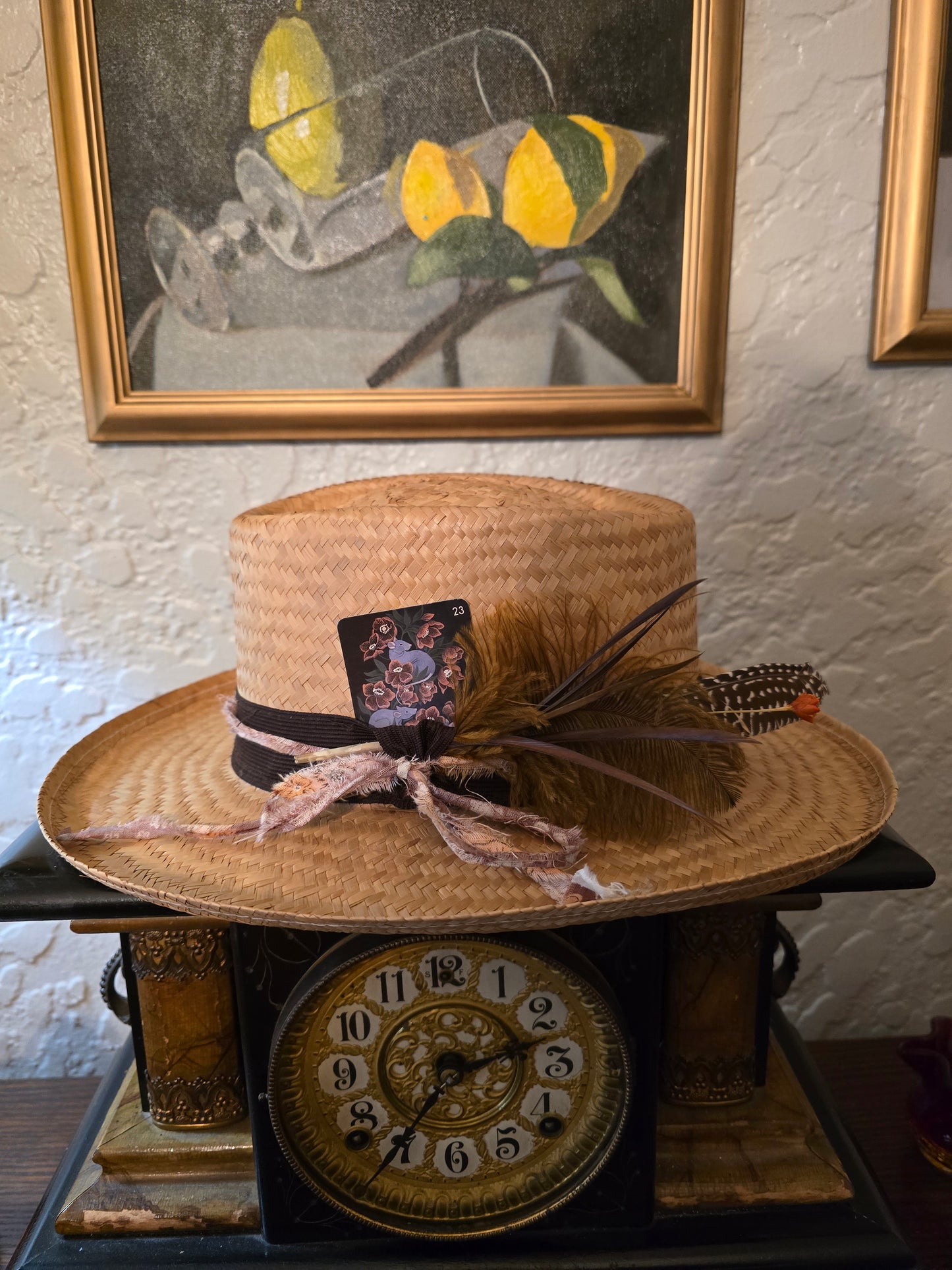 Straw Gambler Hat with Dark Ribbon, Frayed Fabric & Pheasant Feathers