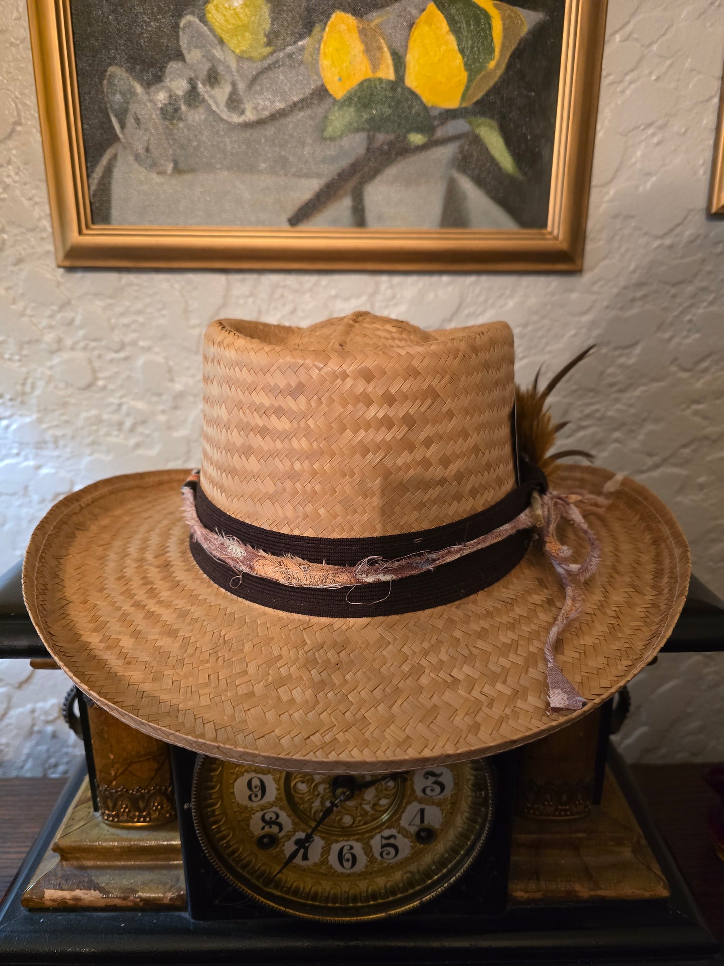 Straw Gambler Hat with Dark Ribbon, Frayed Fabric & Pheasant Feathers