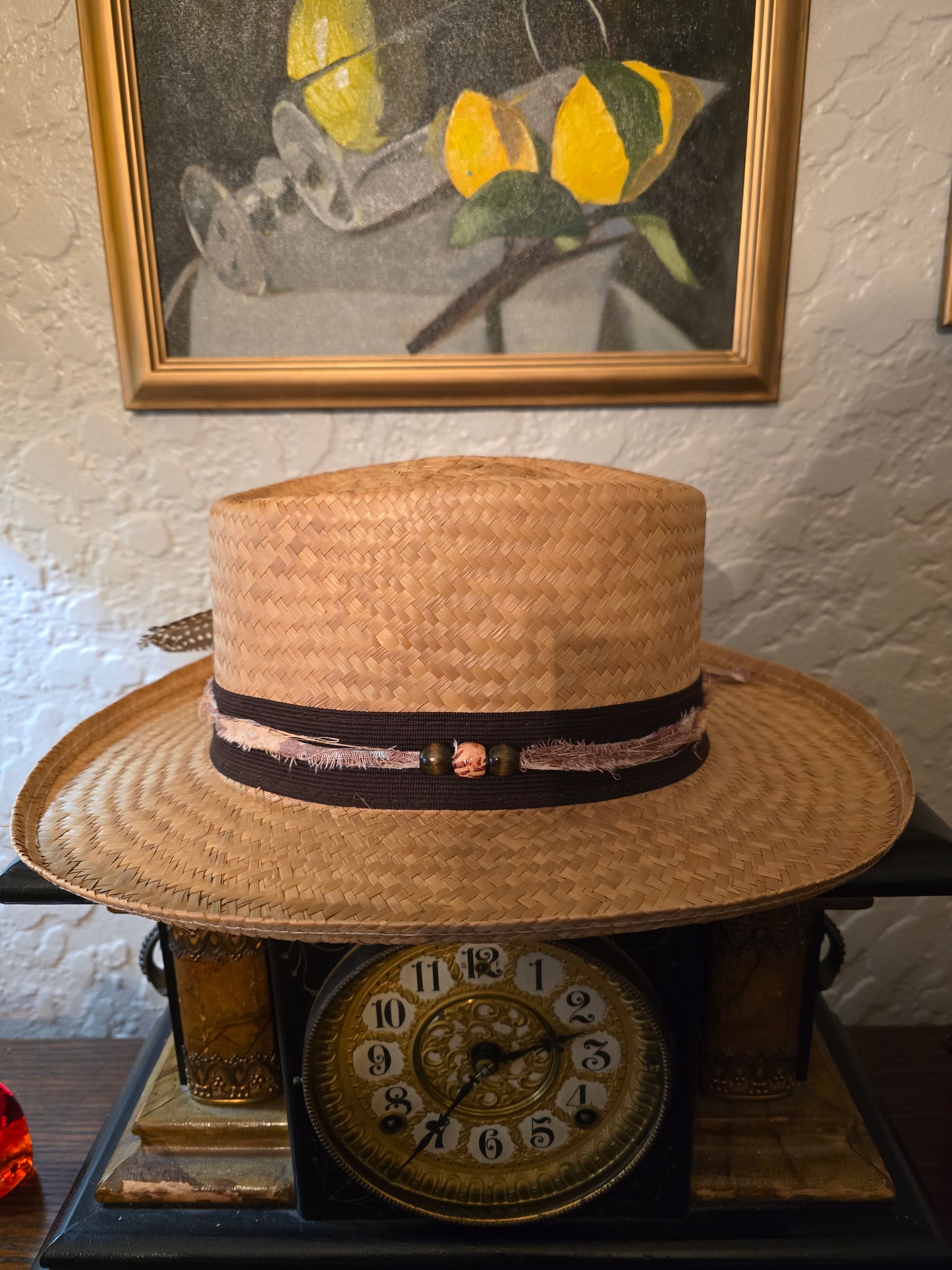 Straw Gambler Hat with Dark Ribbon, Frayed Fabric & Pheasant Feathers
