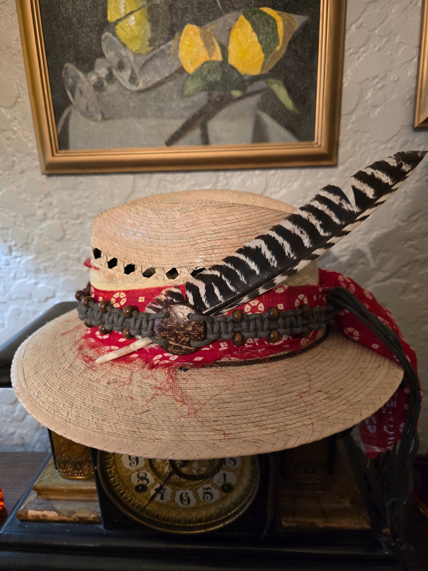 Premium Vented Straw Fedora with Red Bandana Wrap, Macramé Band & Turkey Feather