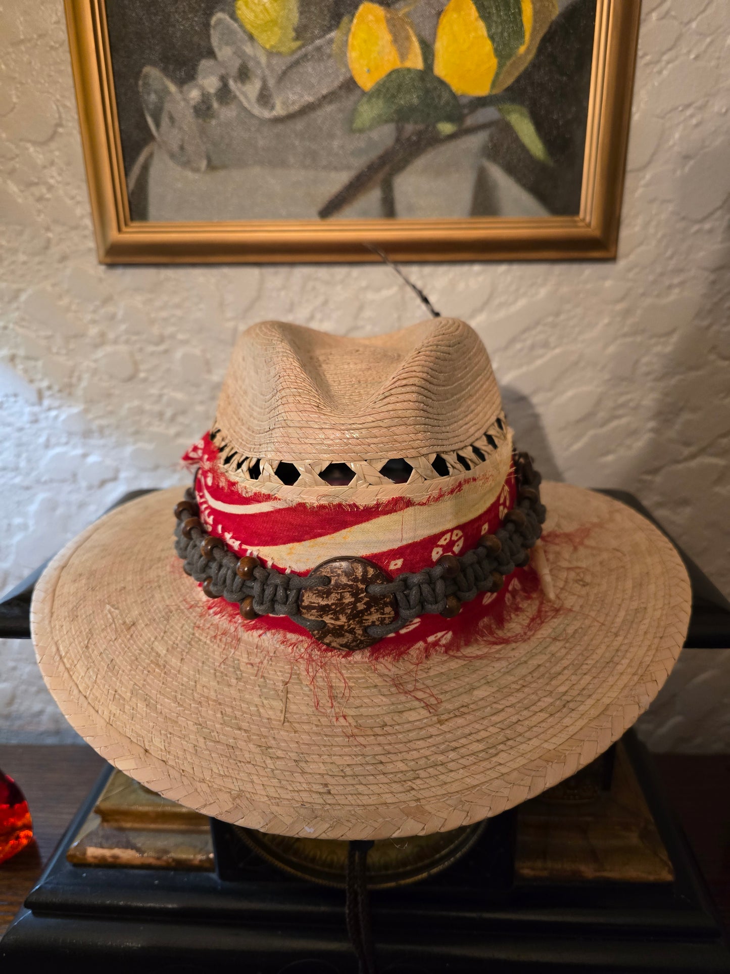 Premium Vented Straw Fedora with Red Bandana Wrap, Macramé Band & Turkey Feather