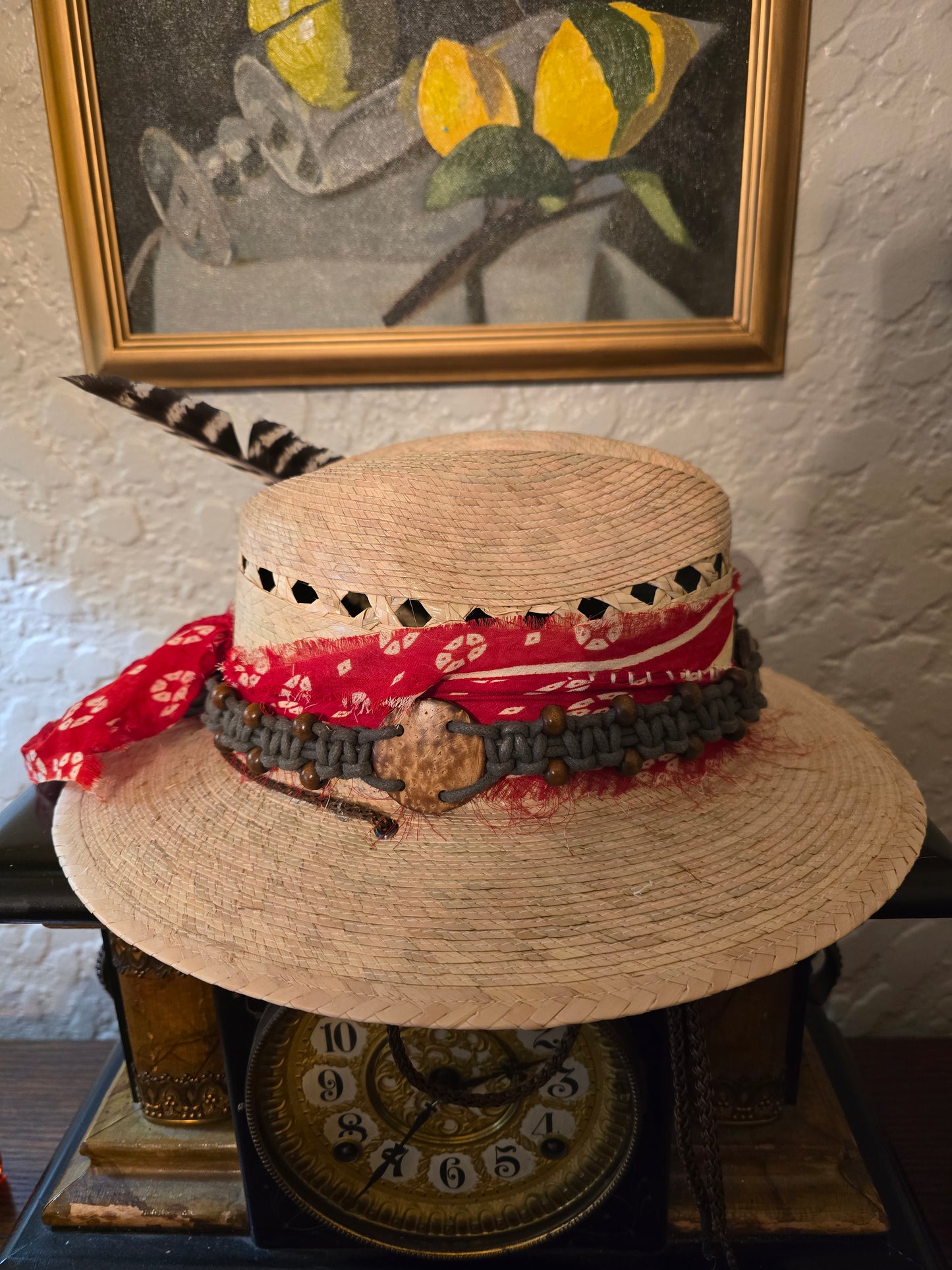 Premium Vented Straw Fedora with Red Bandana Wrap, Macramé Band & Turkey Feather