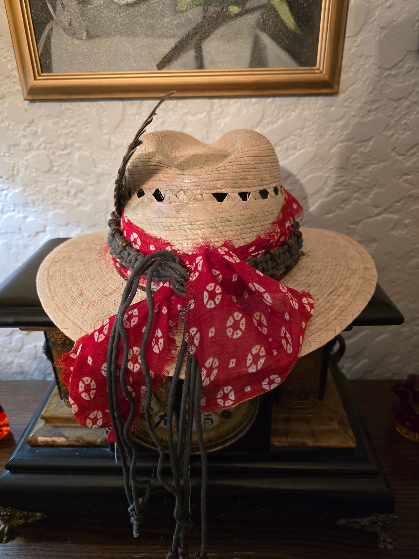 Premium Vented Straw Fedora with Red Bandana Wrap, Macramé Band & Turkey Feather