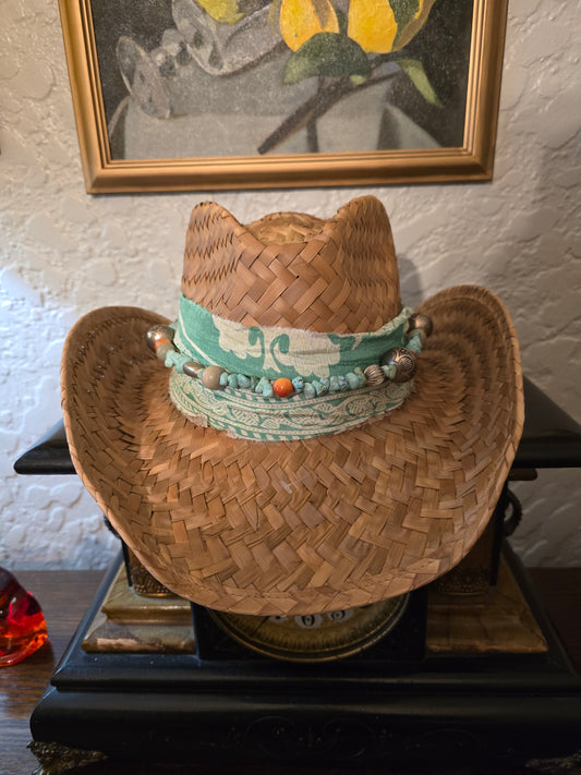 Straw Cowboy Hat with Teal Fabric Wrap, Turquoise Beads & Paisley Sash