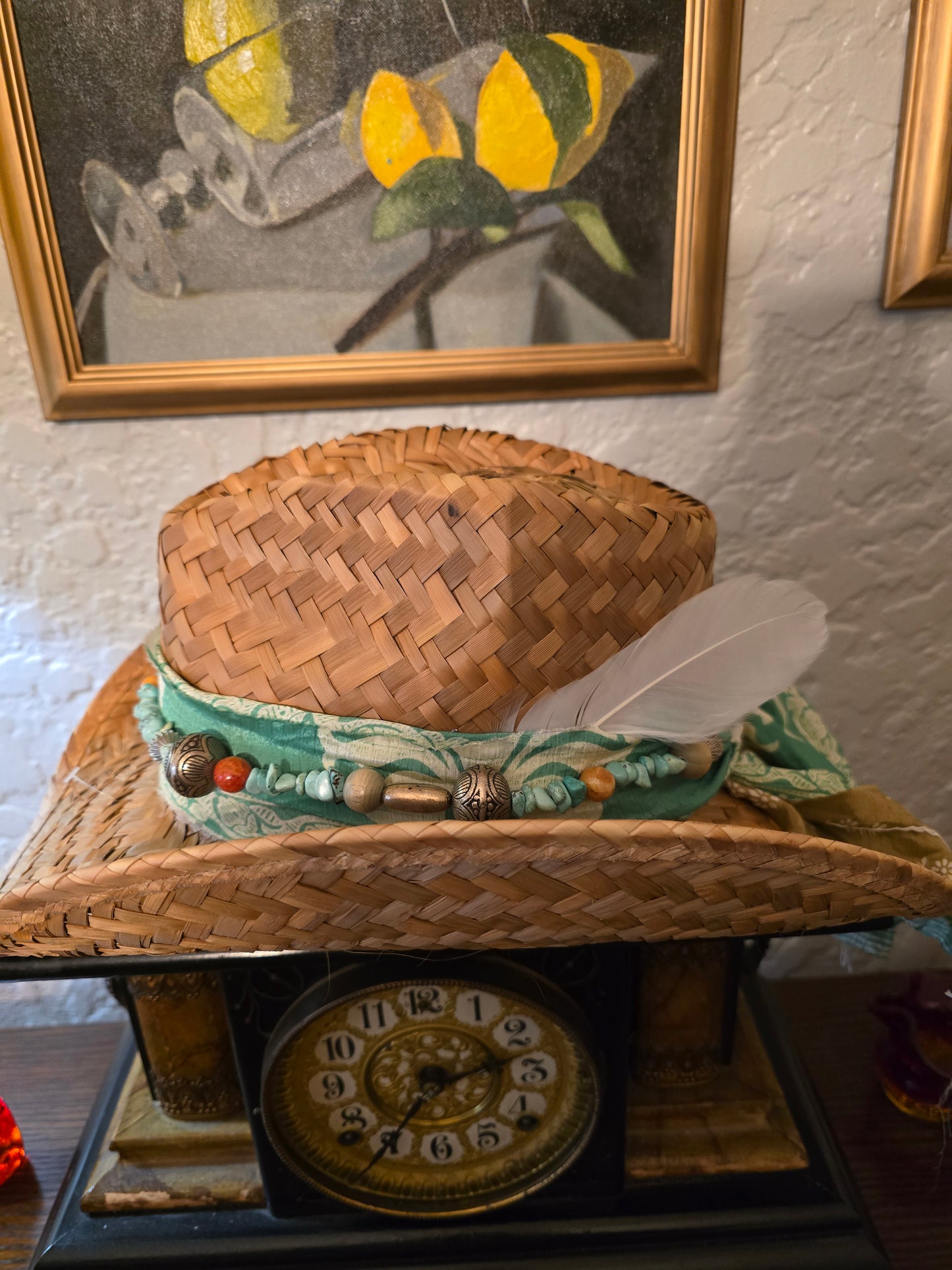 Straw Cowboy Hat with Teal Fabric Wrap, Turquoise Beads & Paisley Sash