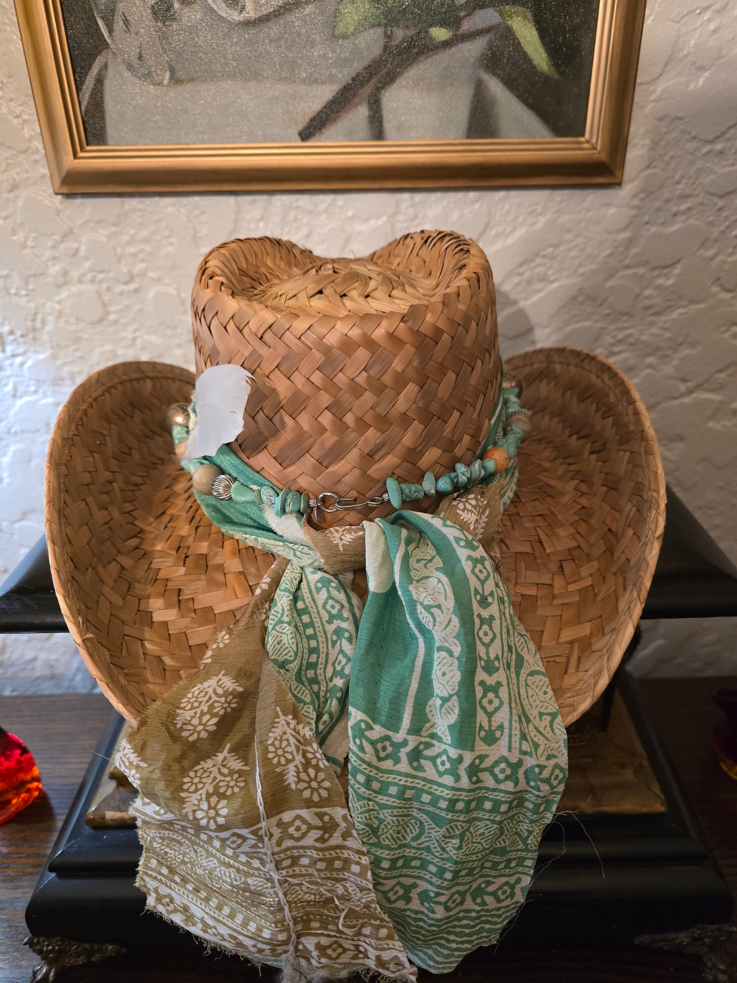 Straw Cowboy Hat with Teal Fabric Wrap, Turquoise Beads & Paisley Sash