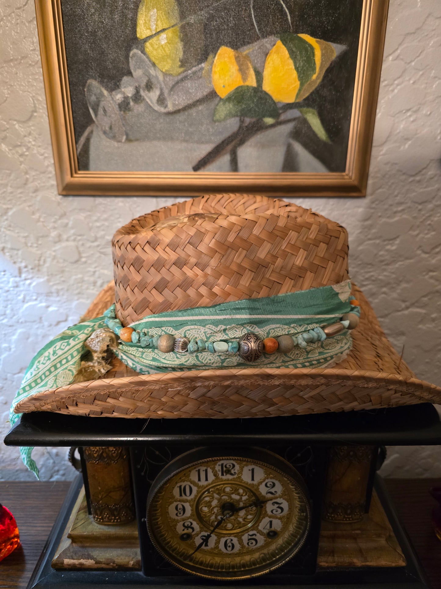 Straw Cowboy Hat with Teal Fabric Wrap, Turquoise Beads & Paisley Sash