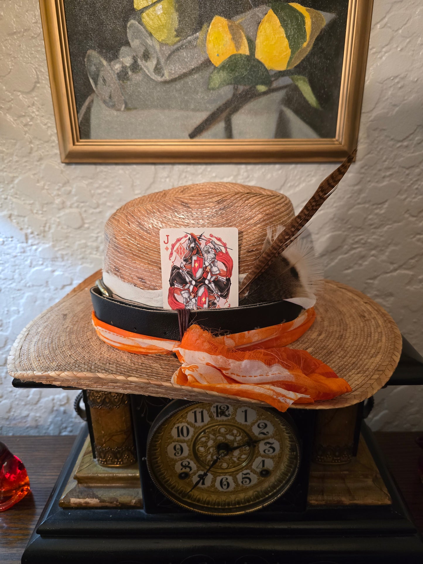 Braided Straw Cowboy Hat with Orange Floral Sash & Playing Card
