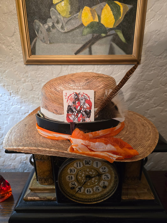 Braided Straw Cowboy Hat with Orange Floral Sash & Playing Card