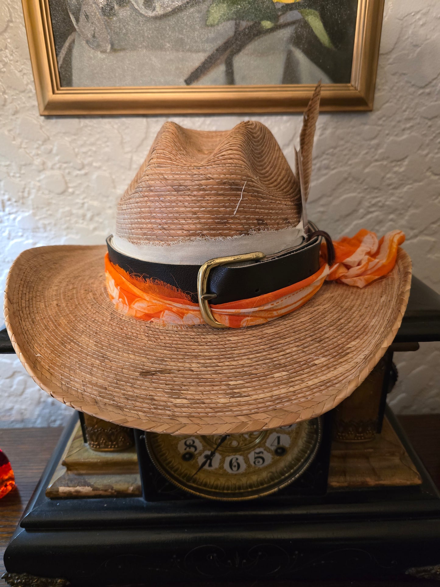 Braided Straw Cowboy Hat with Orange Floral Sash & Playing Card
