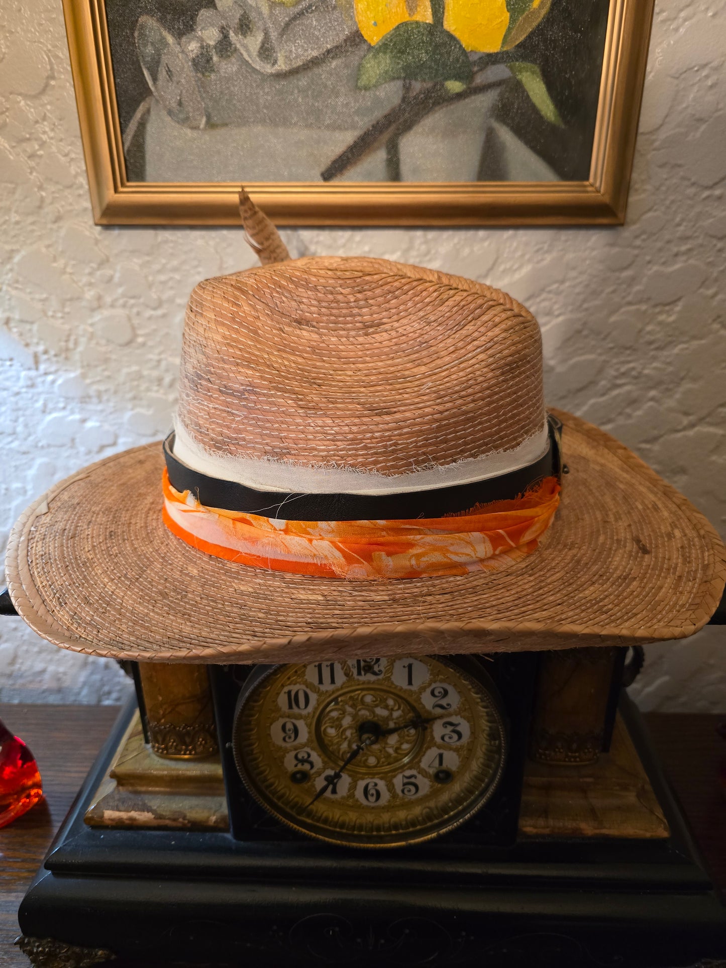 Braided Straw Cowboy Hat with Orange Floral Sash & Playing Card