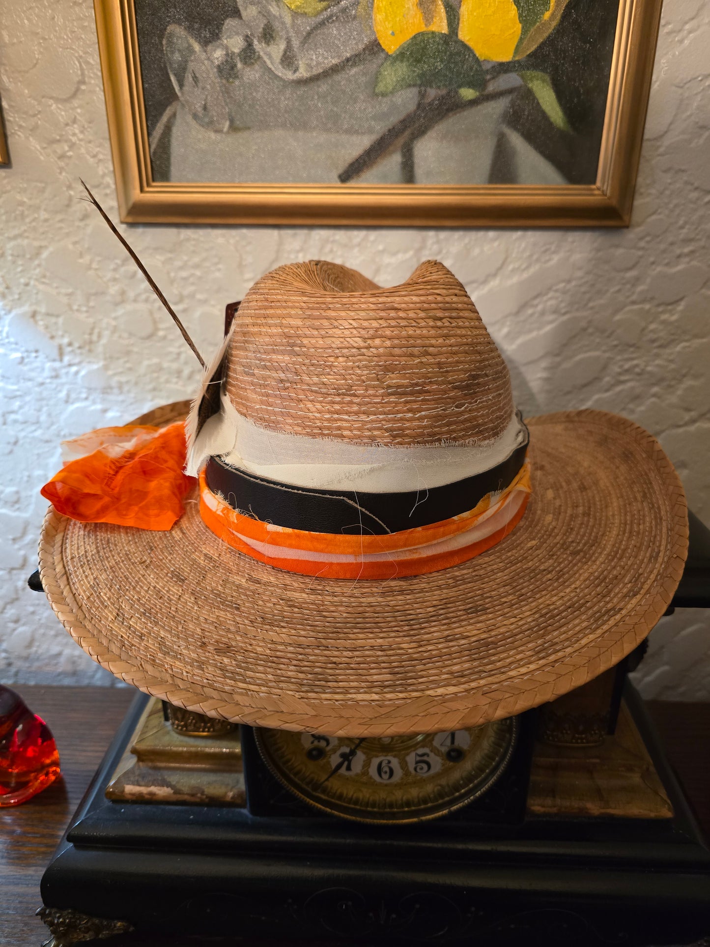 Braided Straw Cowboy Hat with Orange Floral Sash & Playing Card