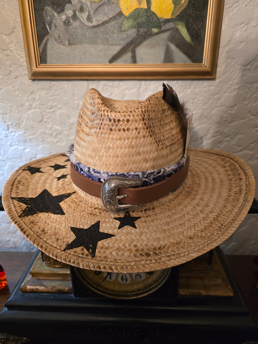 Straw Cowboy Hat with Burned Star Brim, Geometric Hatband & Dark Feathers