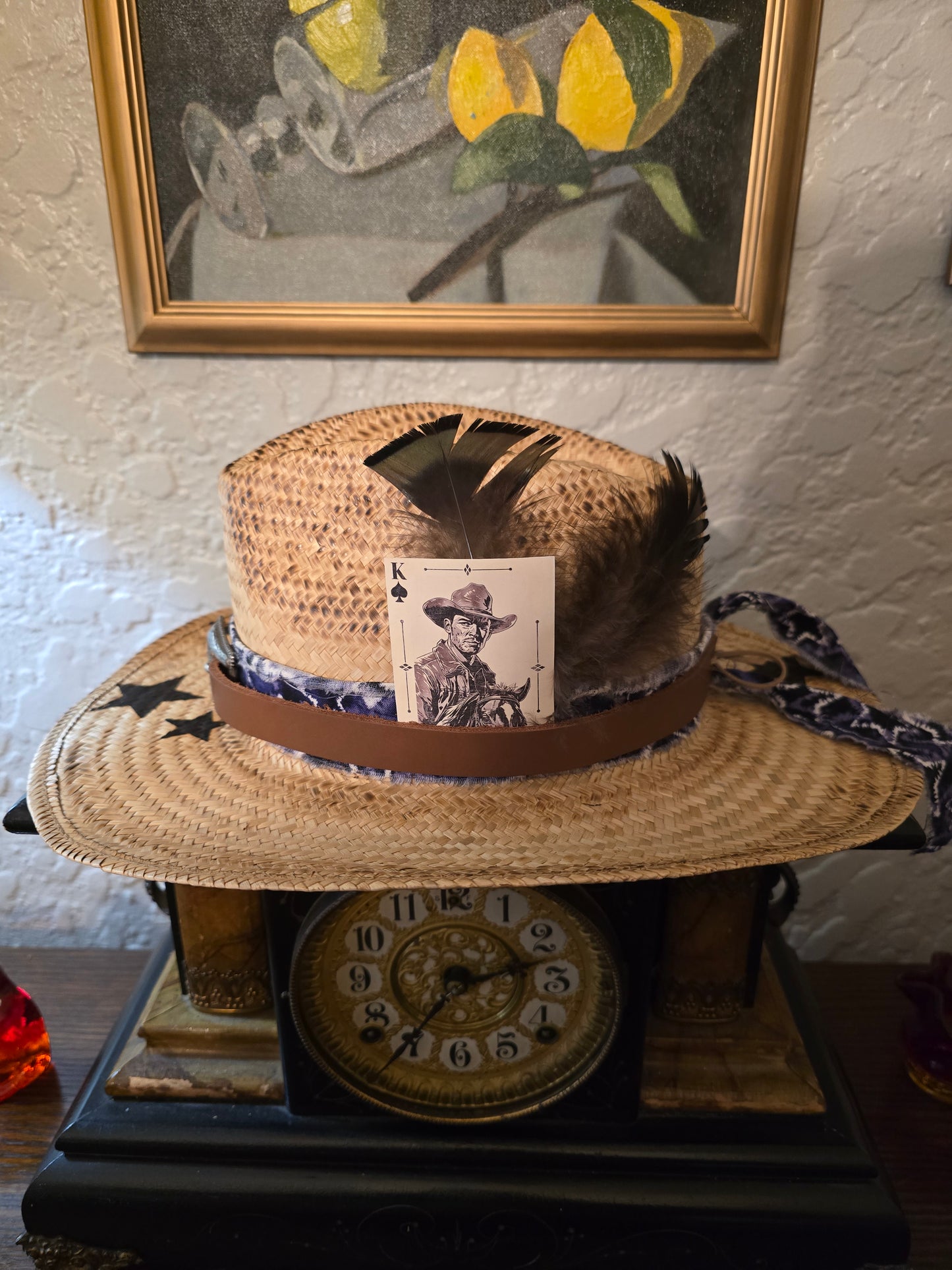 Straw Cowboy Hat with Burned Star Brim, Geometric Hatband & Dark Feathers