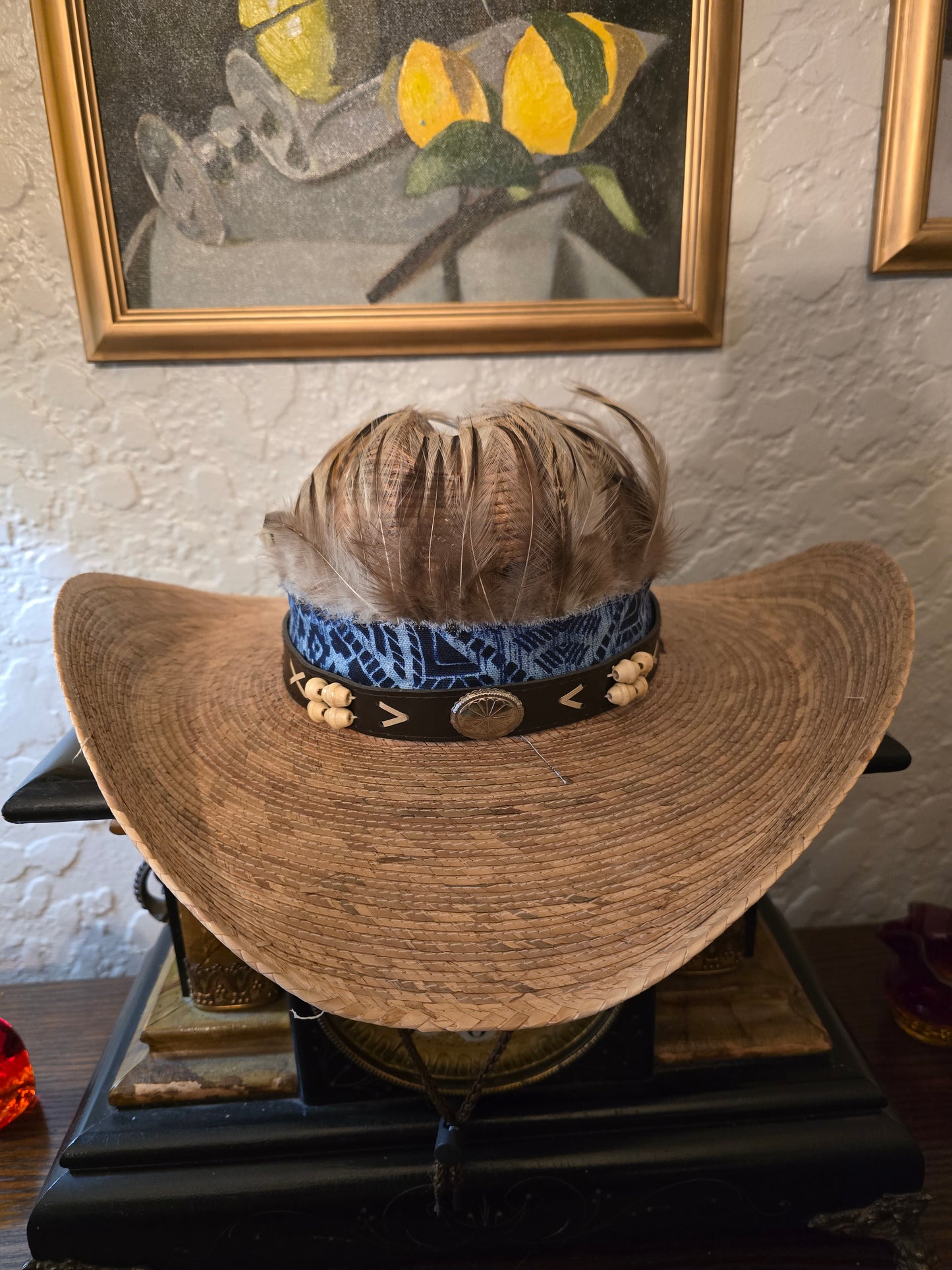 Premium Braided Straw Cowboy Hat with Feather Crown & Geometric Hatband