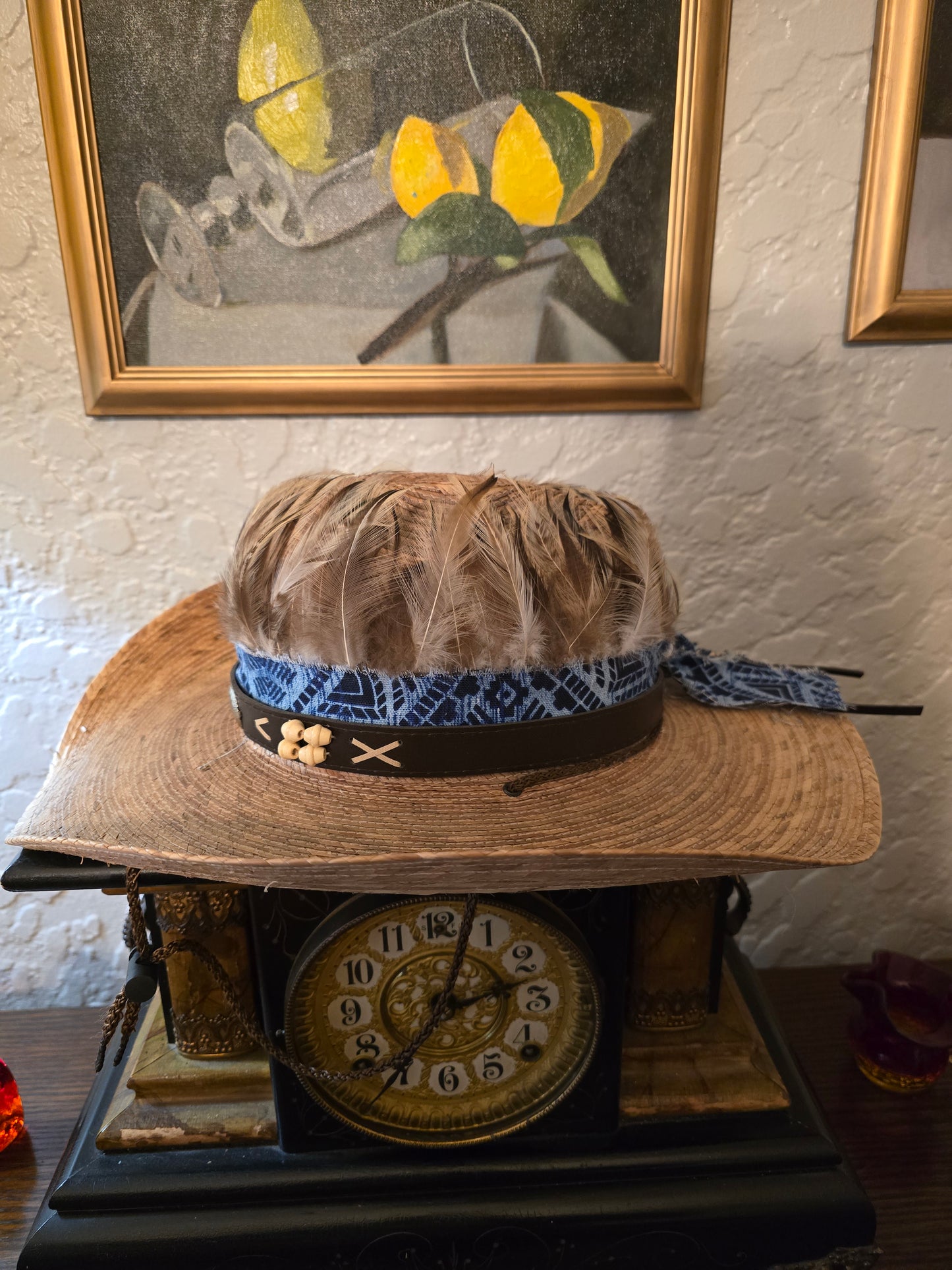 Premium Braided Straw Cowboy Hat with Feather Crown & Geometric Hatband