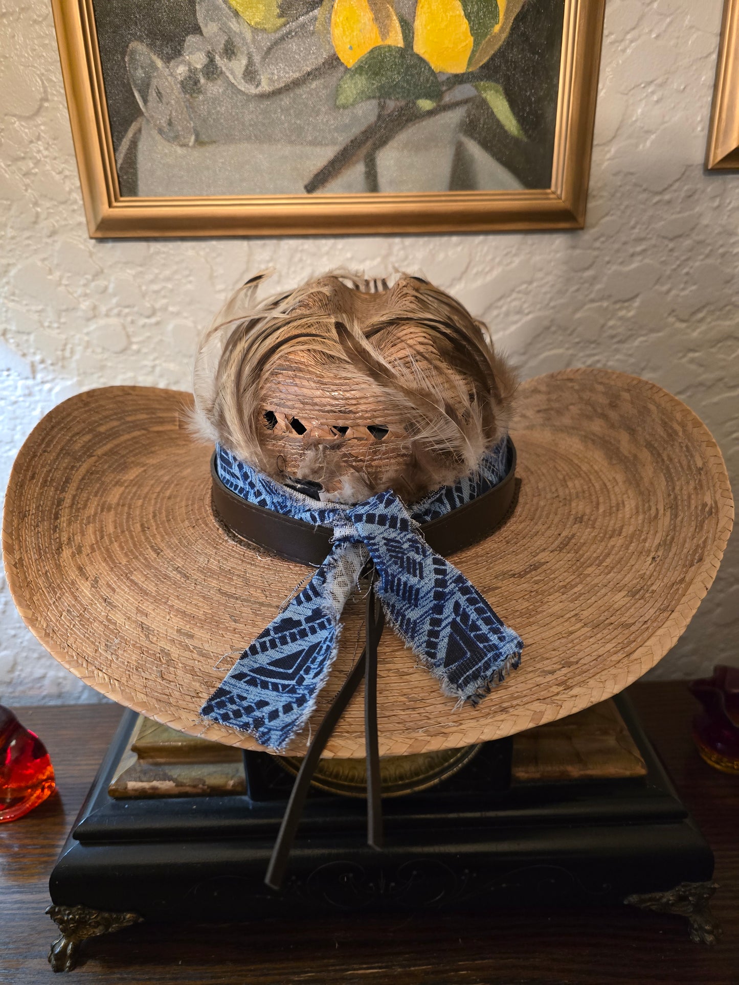 Premium Braided Straw Cowboy Hat with Feather Crown & Geometric Hatband