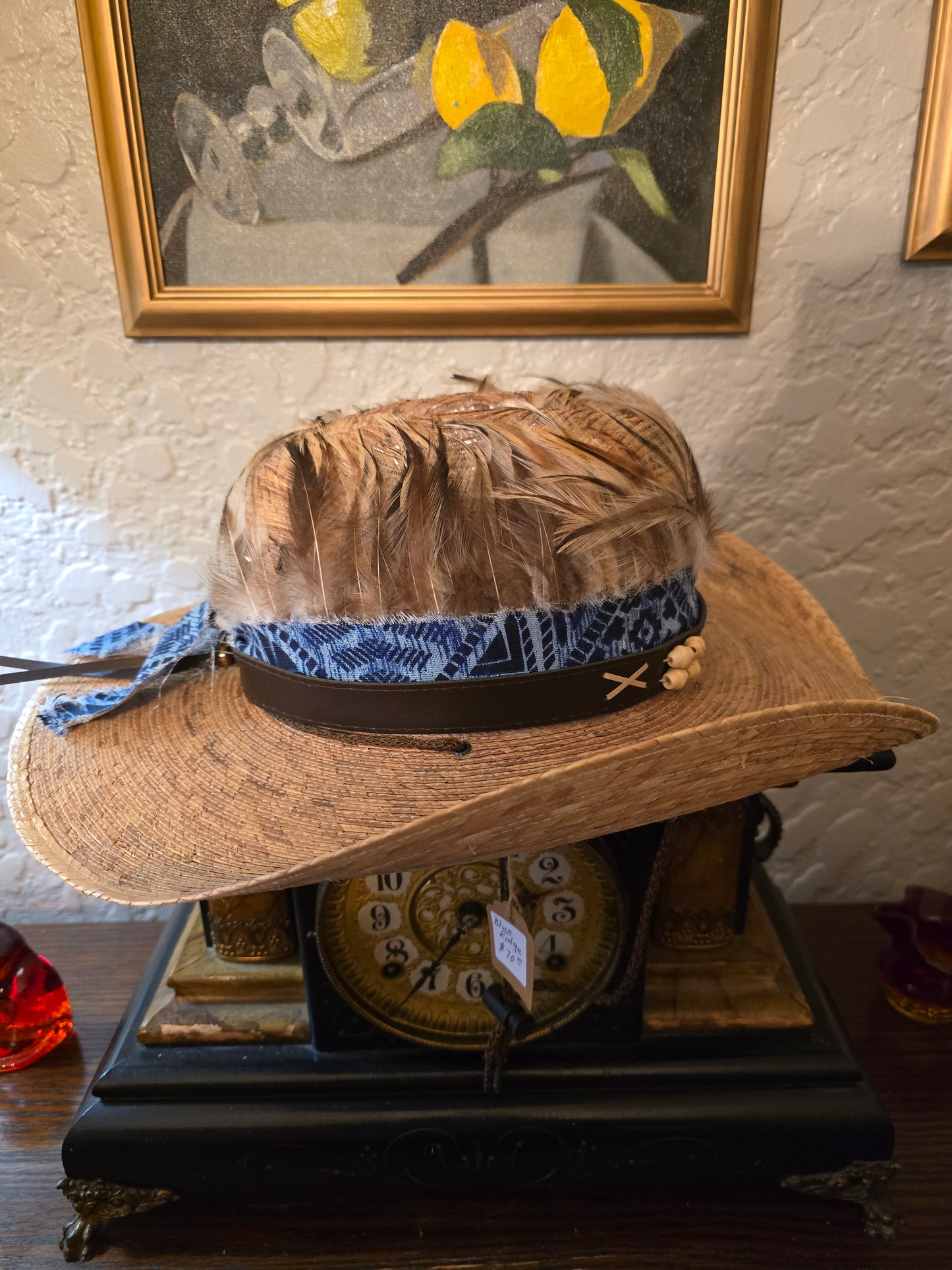 Premium Braided Straw Cowboy Hat with Feather Crown & Geometric Hatband