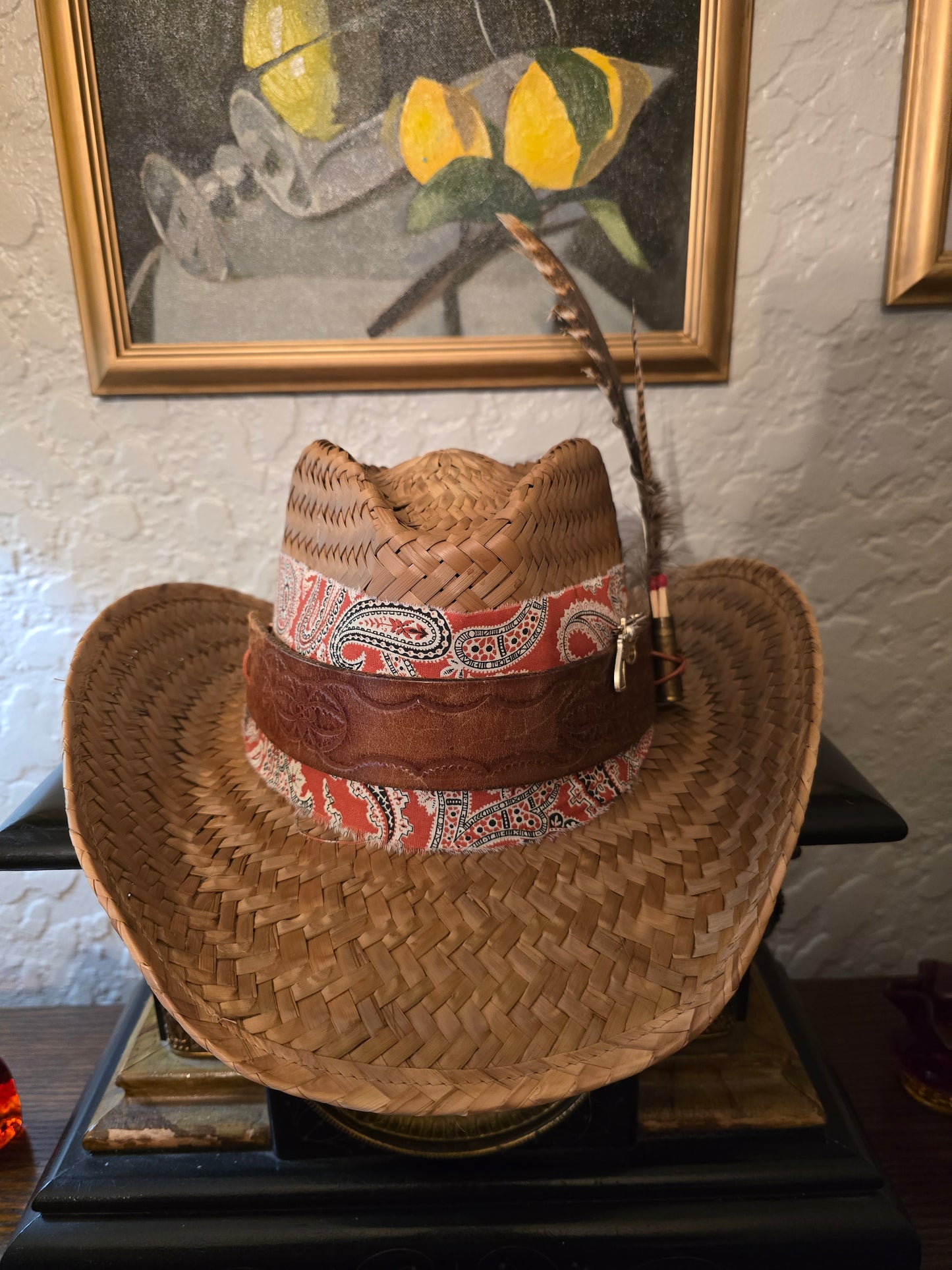Straw Cowboy Hat with Red Paisley Wrap, Tooled Leather Band & Turkey Feather