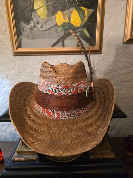 Straw Cowboy Hat with Red Paisley Wrap, Tooled Leather Band & Turkey Feather