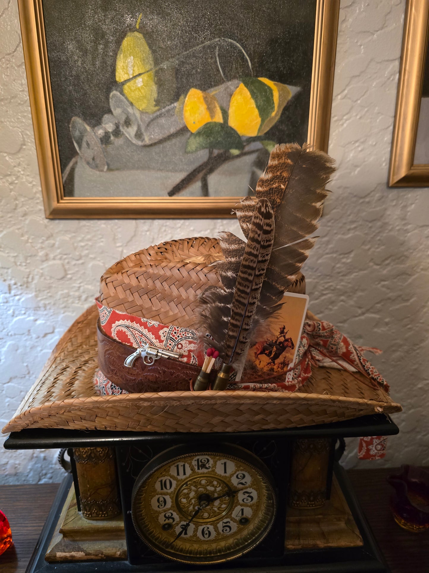 Straw Cowboy Hat with Red Paisley Wrap, Tooled Leather Band & Turkey Feather