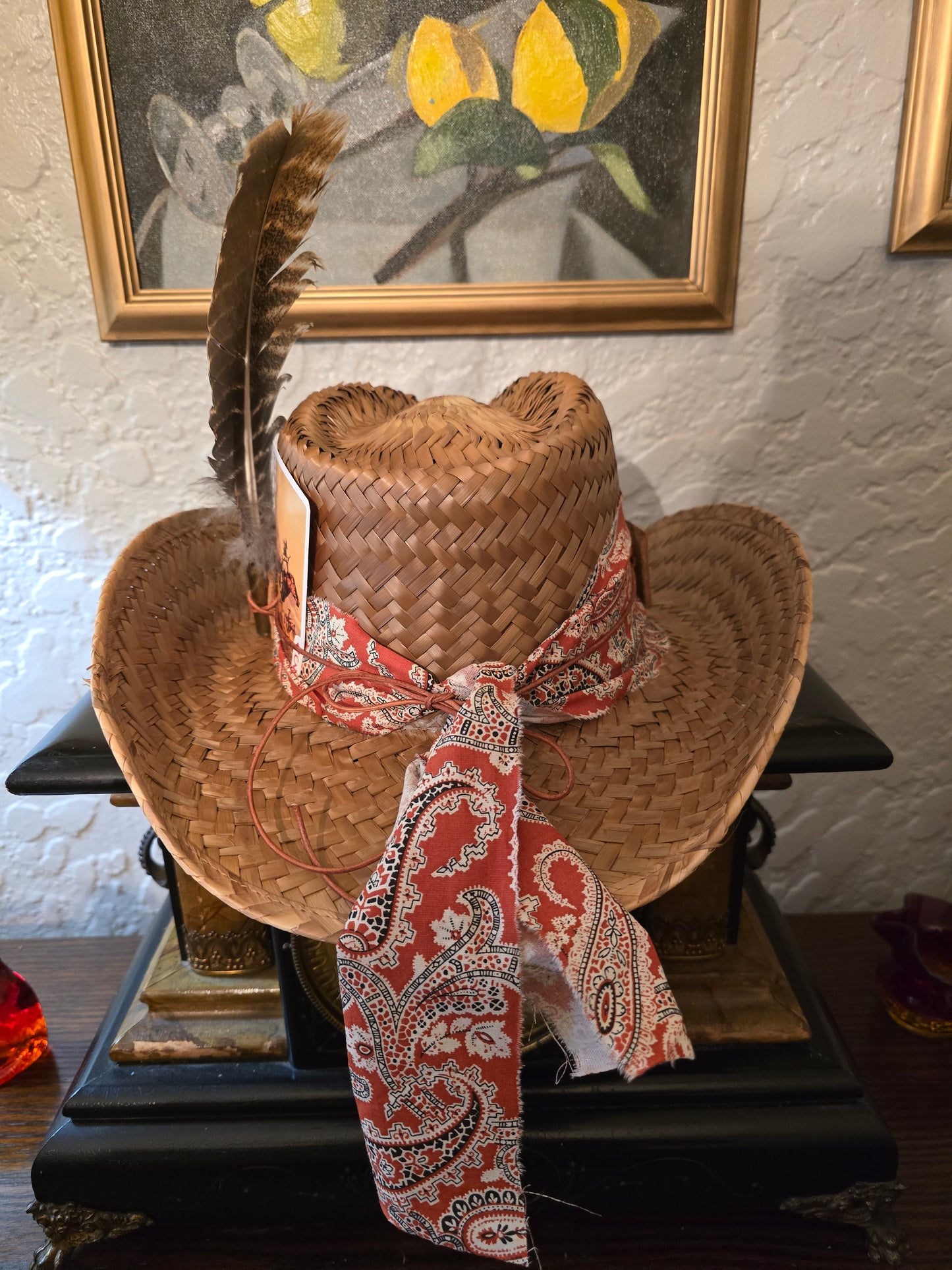 Straw Cowboy Hat with Red Paisley Wrap, Tooled Leather Band & Turkey Feather