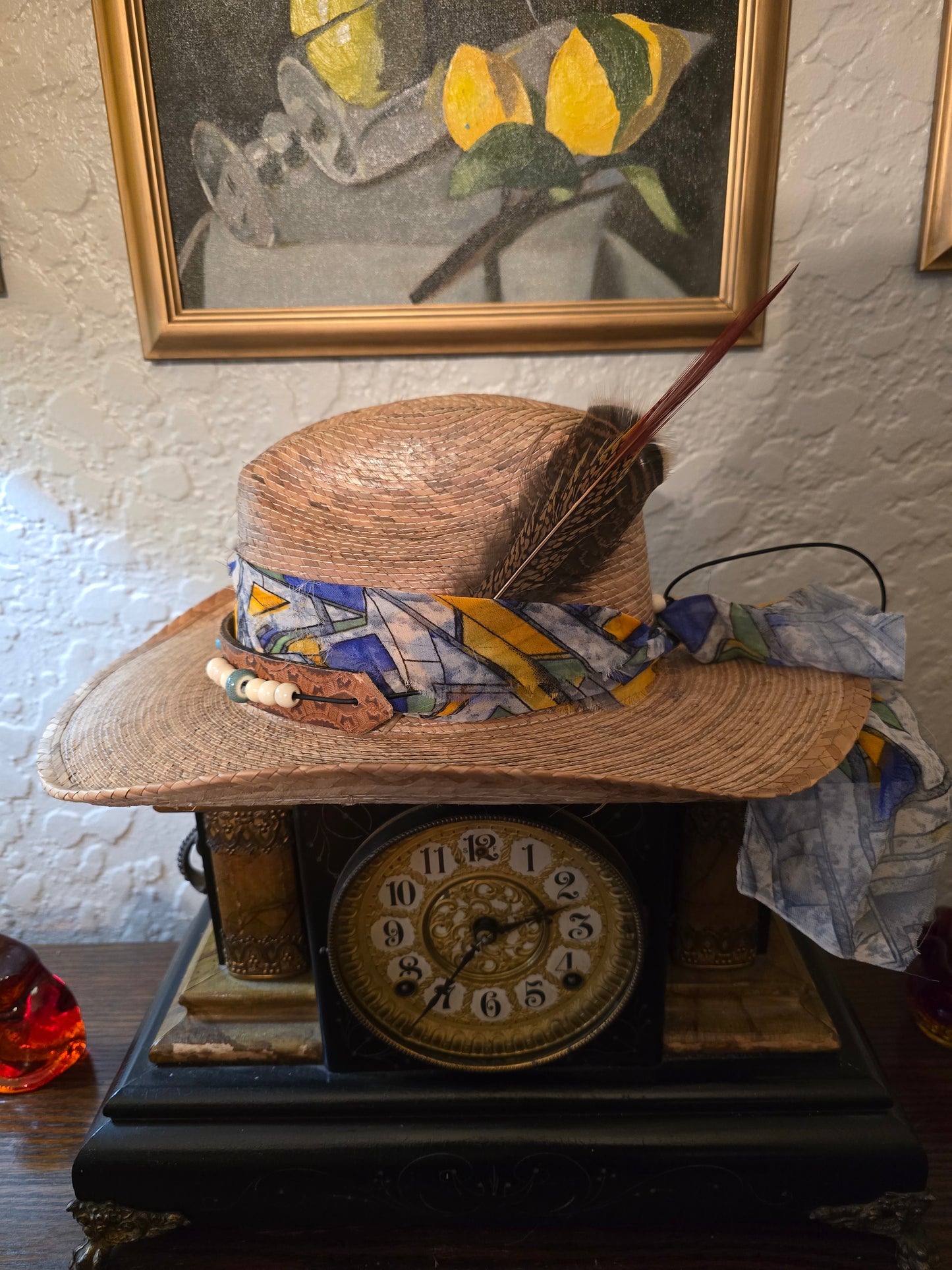 Premium Braided Straw Cowboy Hat with Abstract Print Wrap & Beaded Band