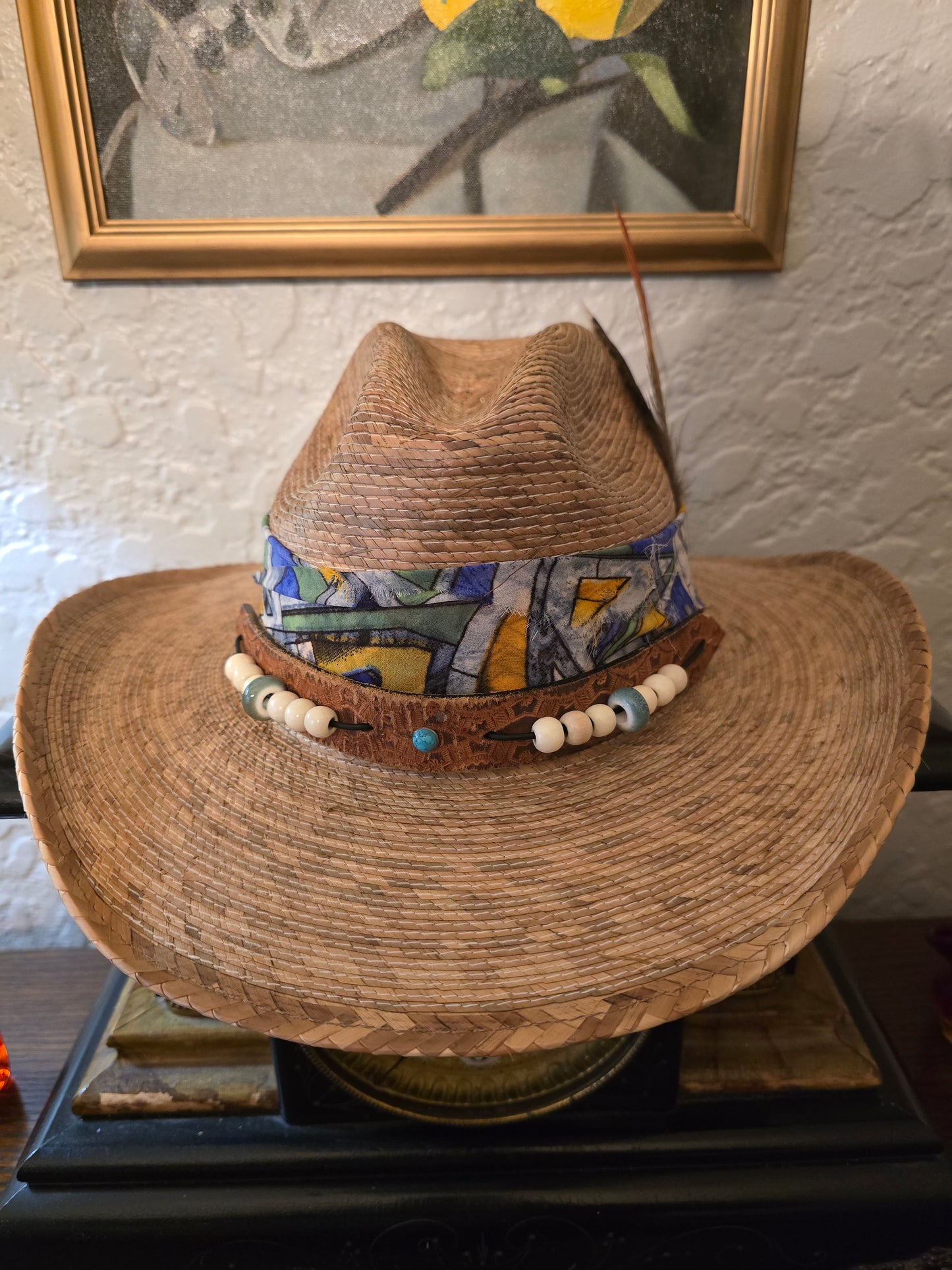 Premium Braided Straw Cowboy Hat with Abstract Print Wrap & Beaded Band