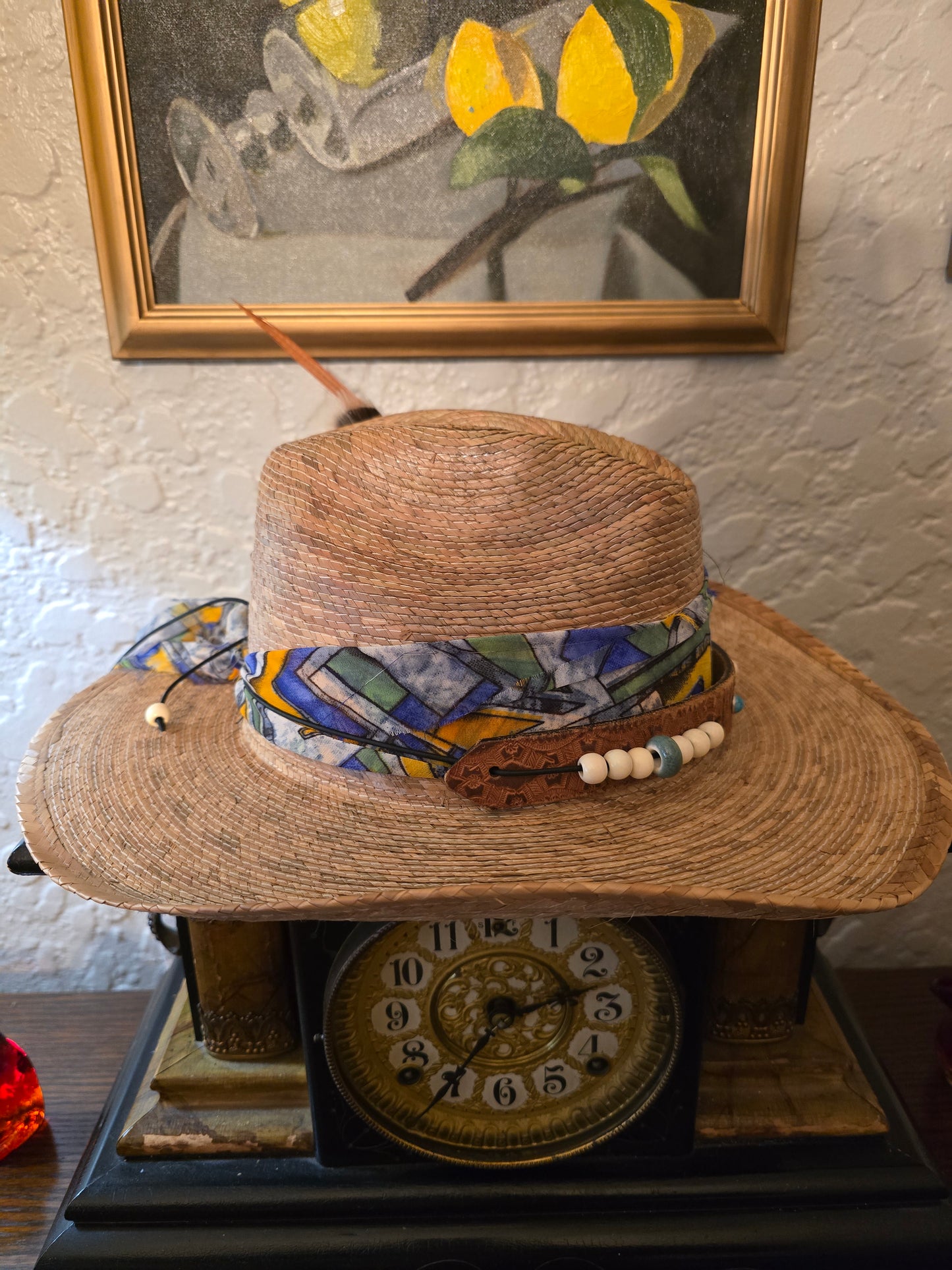 Premium Braided Straw Cowboy Hat with Abstract Print Wrap & Beaded Band
