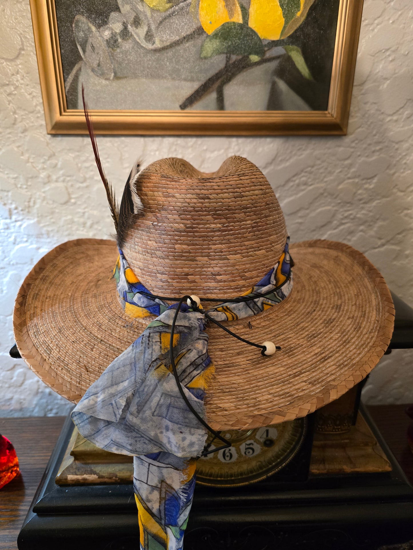 Premium Braided Straw Cowboy Hat with Abstract Print Wrap & Beaded Band