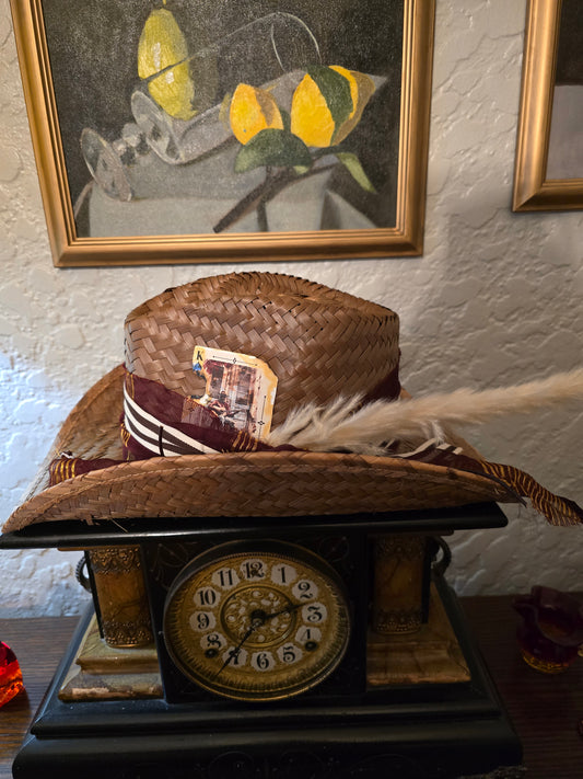 Straw Cowboy Hat with Burgundy Hatband, Striped Ribbon & Feathers