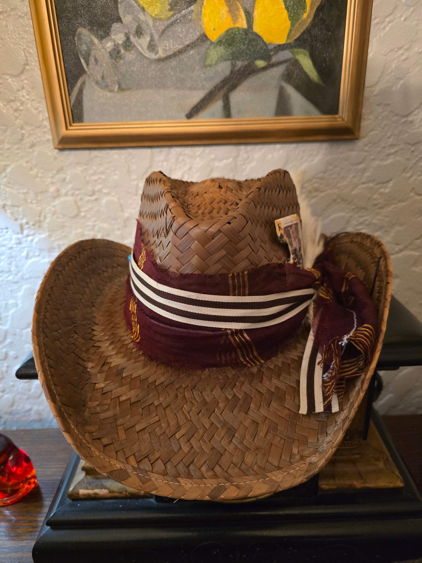 Straw Cowboy Hat with Burgundy Hatband, Striped Ribbon & Feathers