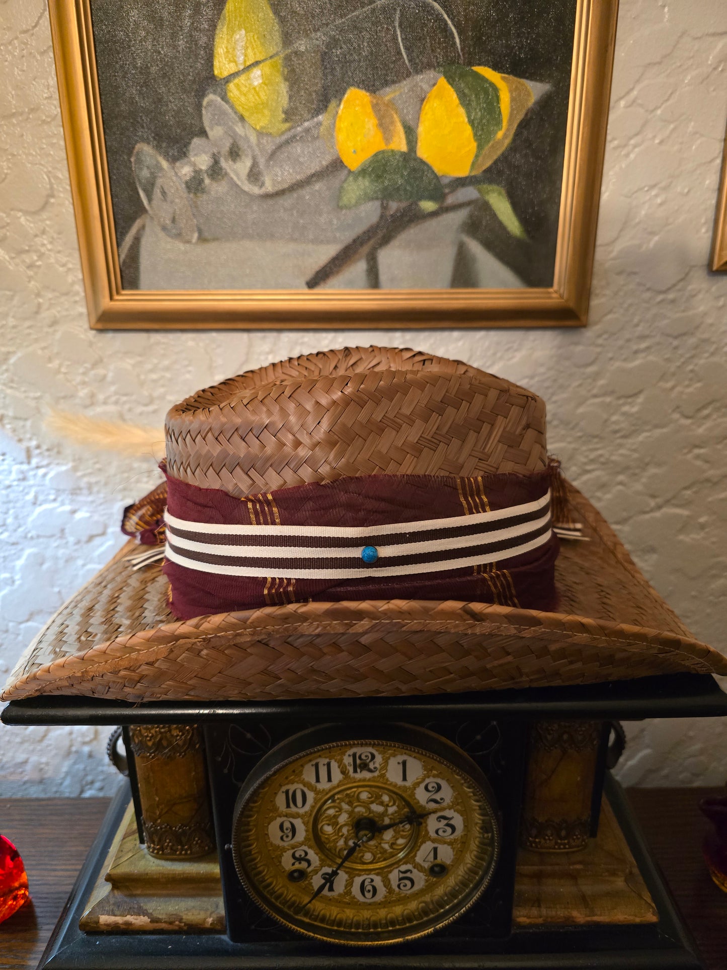 Straw Cowboy Hat with Burgundy Hatband, Striped Ribbon & Feathers