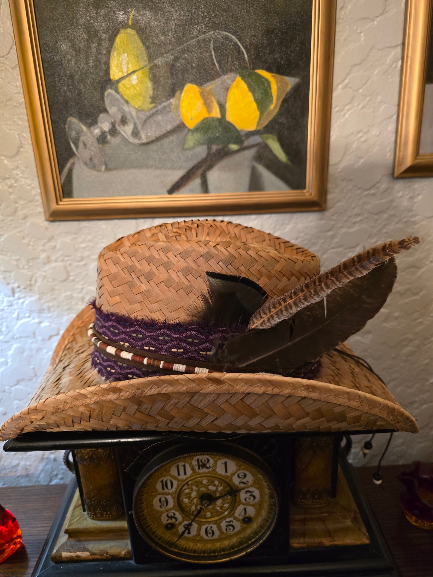 Straw Cowboy Hat with Purple Woven Hatband & Beaded Cord