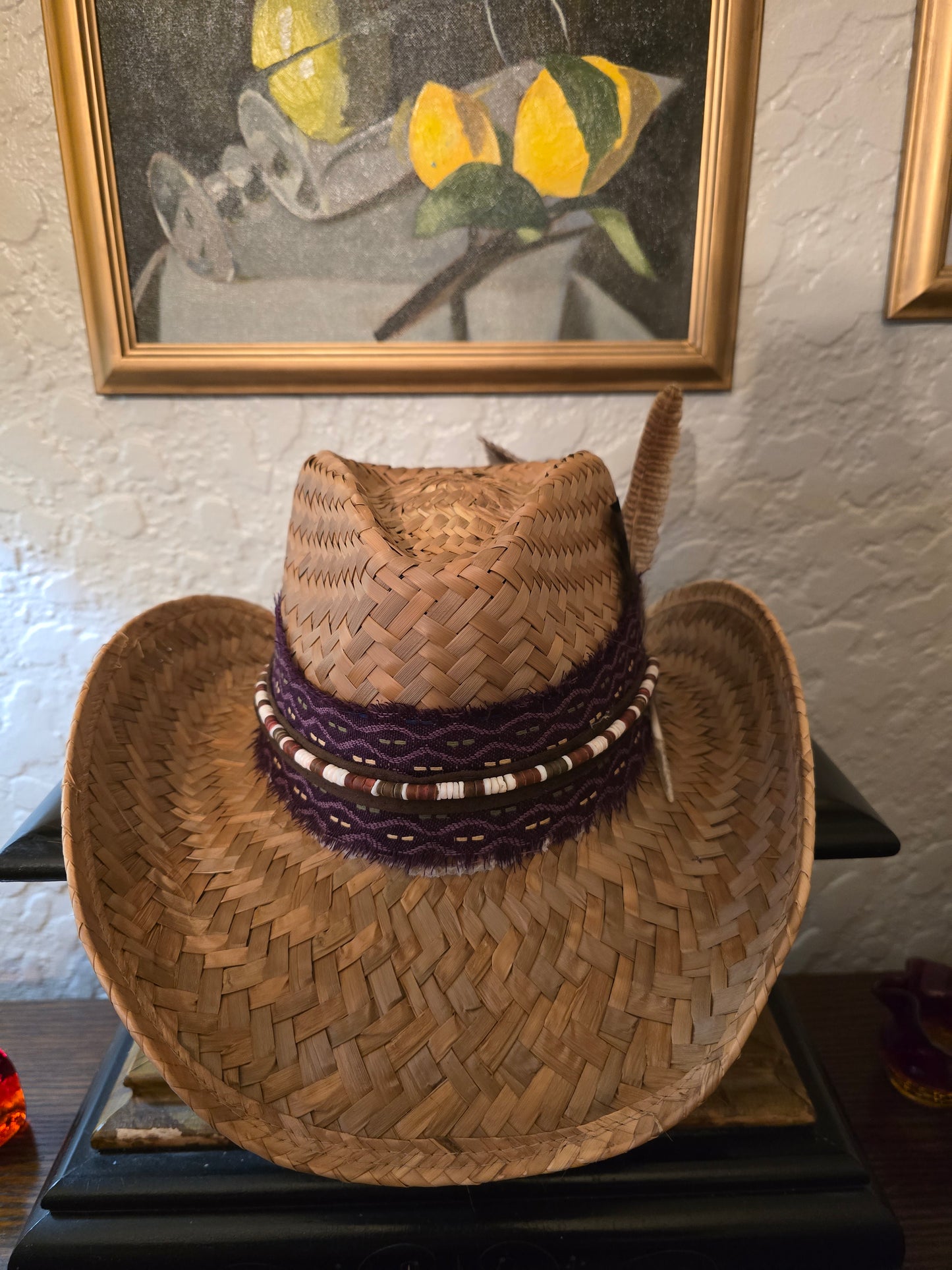 Straw Cowboy Hat with Purple Woven Hatband & Beaded Cord