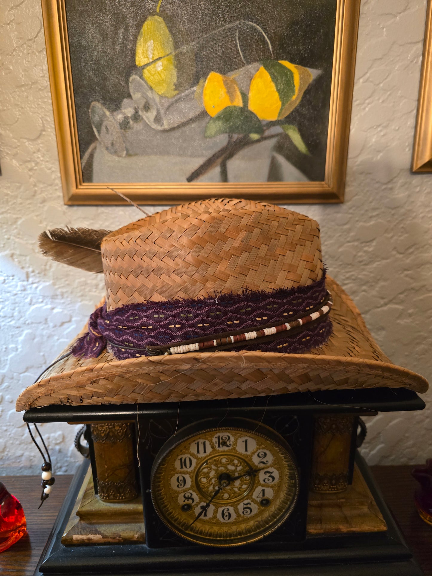 Straw Cowboy Hat with Purple Woven Hatband & Beaded Cord