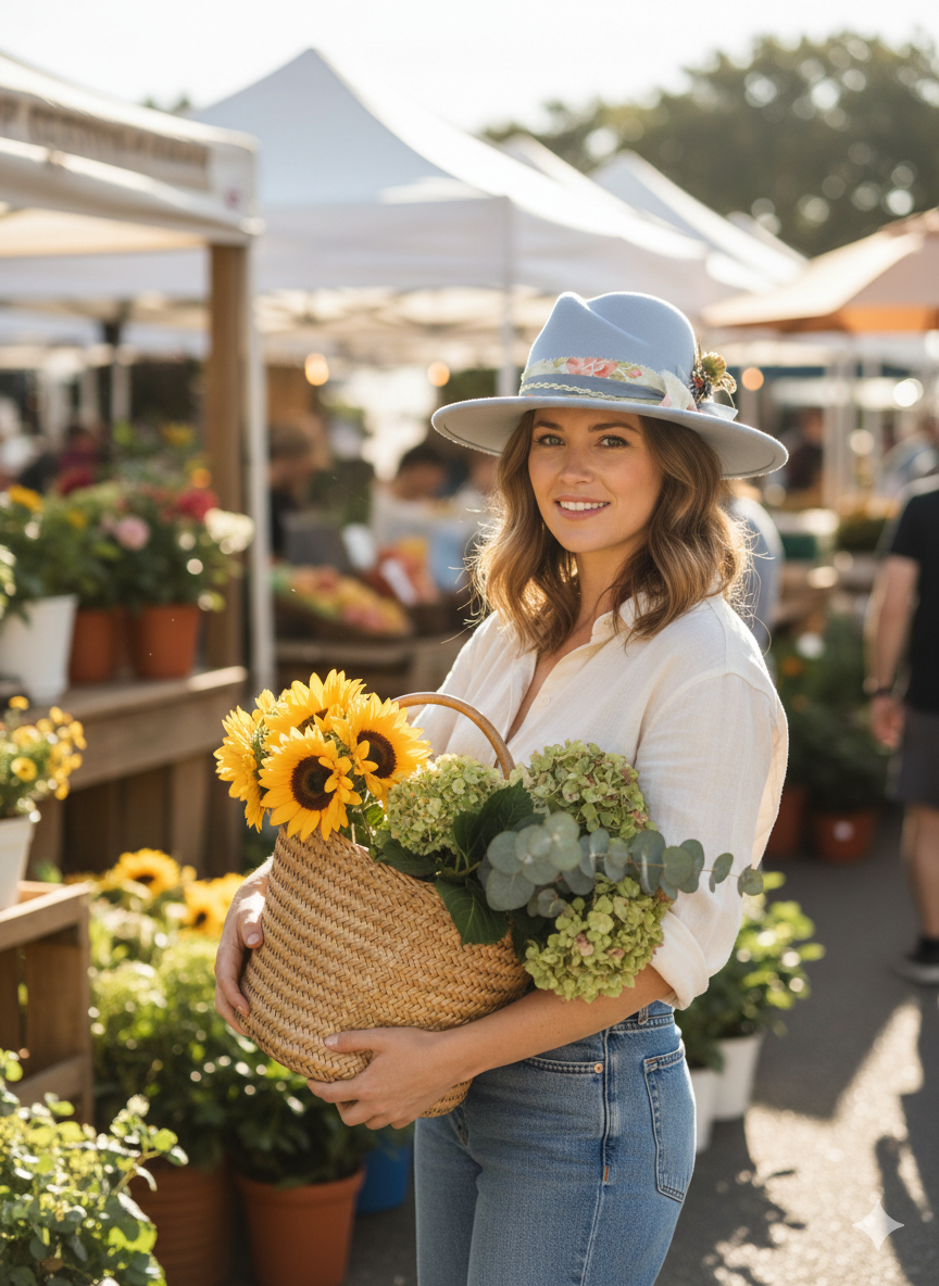 Sky Blue Felt Fedora with Folded Crown, Floral Band & Vintage Gem Brooch