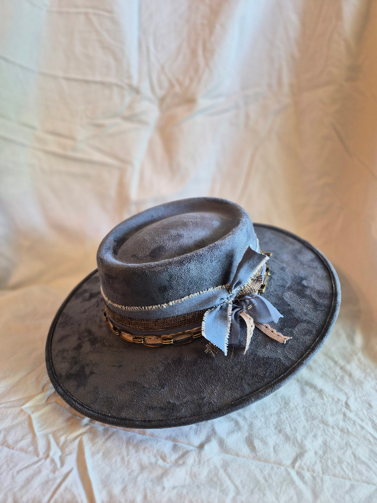 Carpe Denim - Blue Faux Suede Boater Hat