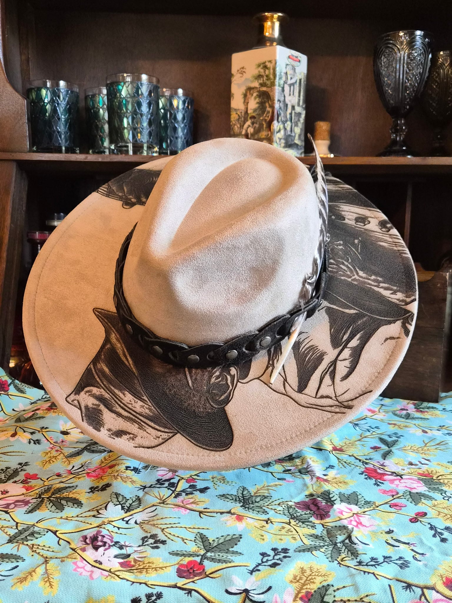 Faux suede wide brim rancher hat with laser-etched Bluesman design, side view