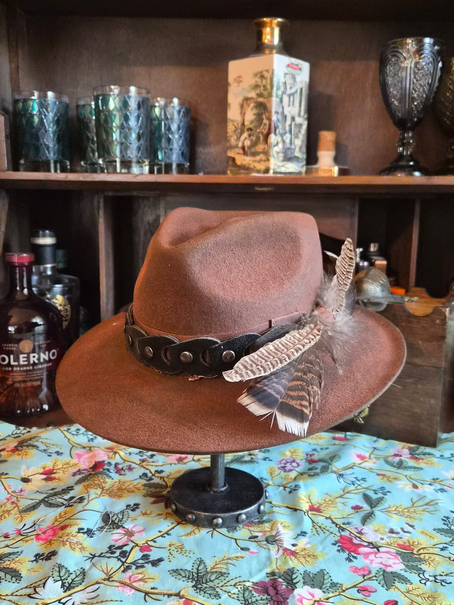 Distressed brown wool fedora size S with vintage leather studded hatband and feather accent